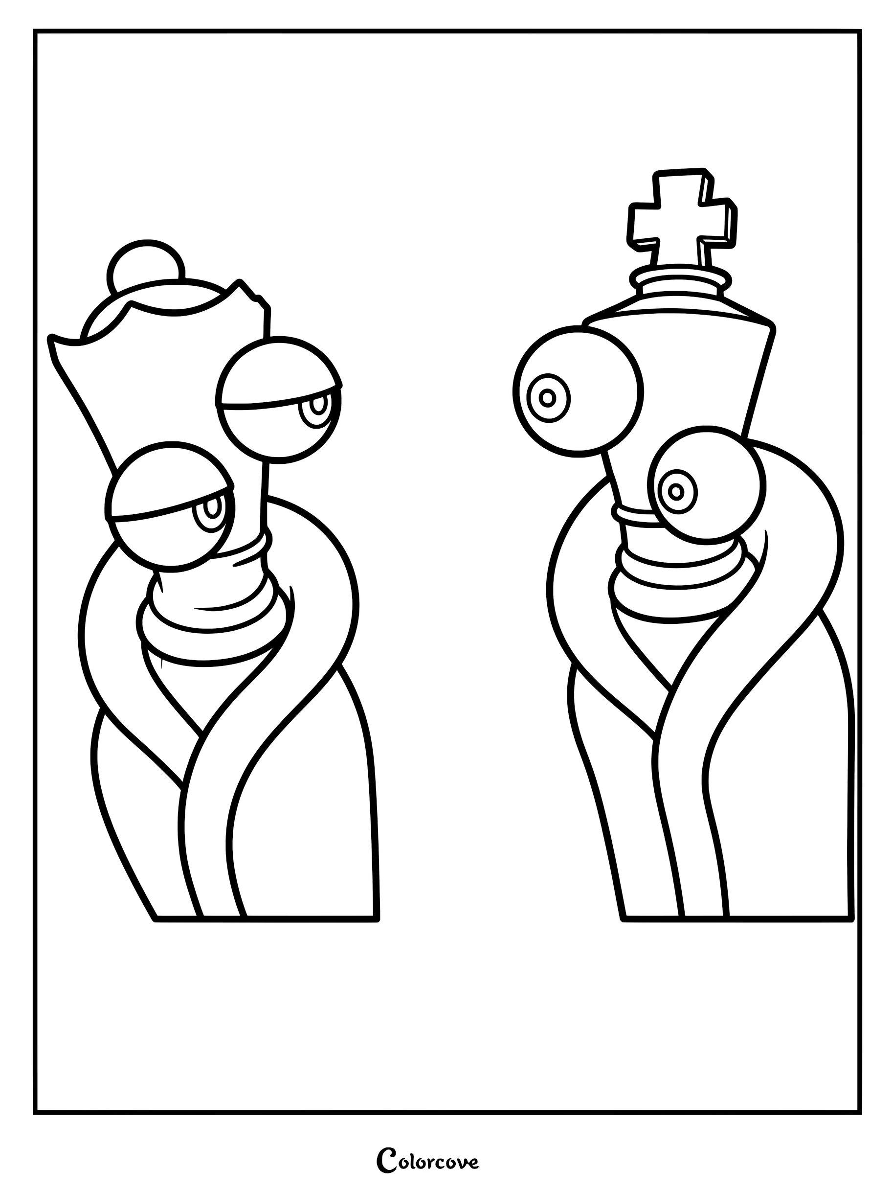 Kinger and Queenie from The Amazing Digital Circus standing side by side in this printable coloring page.