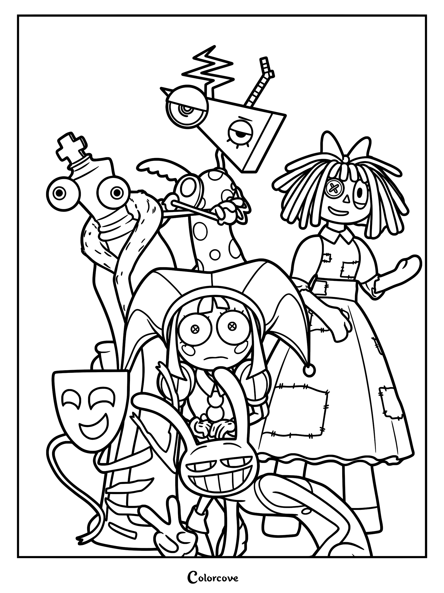 The Amazing Digital Circus main characters posing together in a printable coloring page featuring Pomni, Jax, Ragatha, Kinger, Gangle, and Zooble.