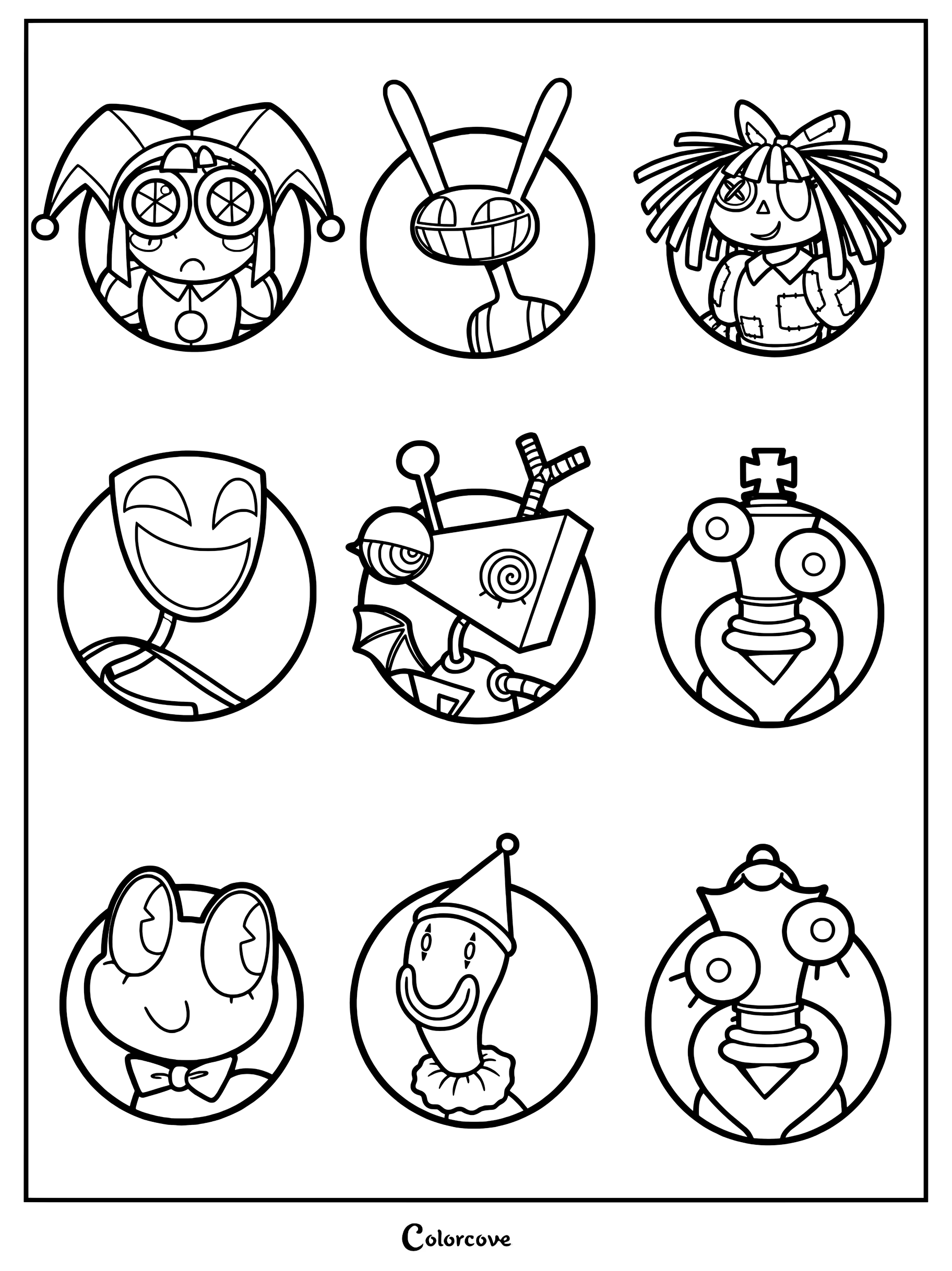 A printable coloring page featuring circular portraits of Pomni, Jax, Ragatha, Gangle, Zooble, Kinger, Bubble, Kaufmo, and Caine from The Amazing Digital Circus.