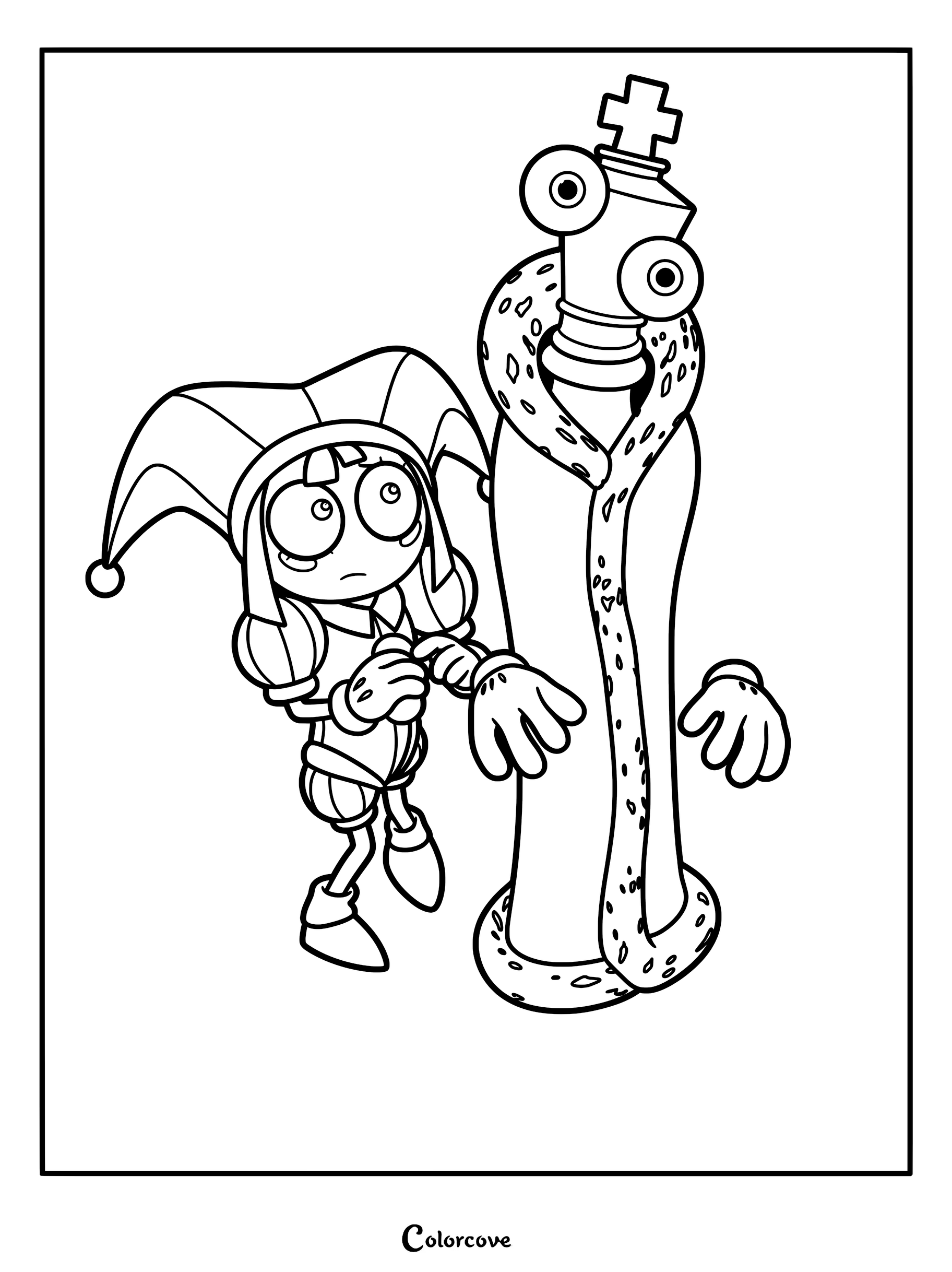 Pomni the jester standing next to Kinger in his royal robe in this printable Amazing Digital Circus coloring page.