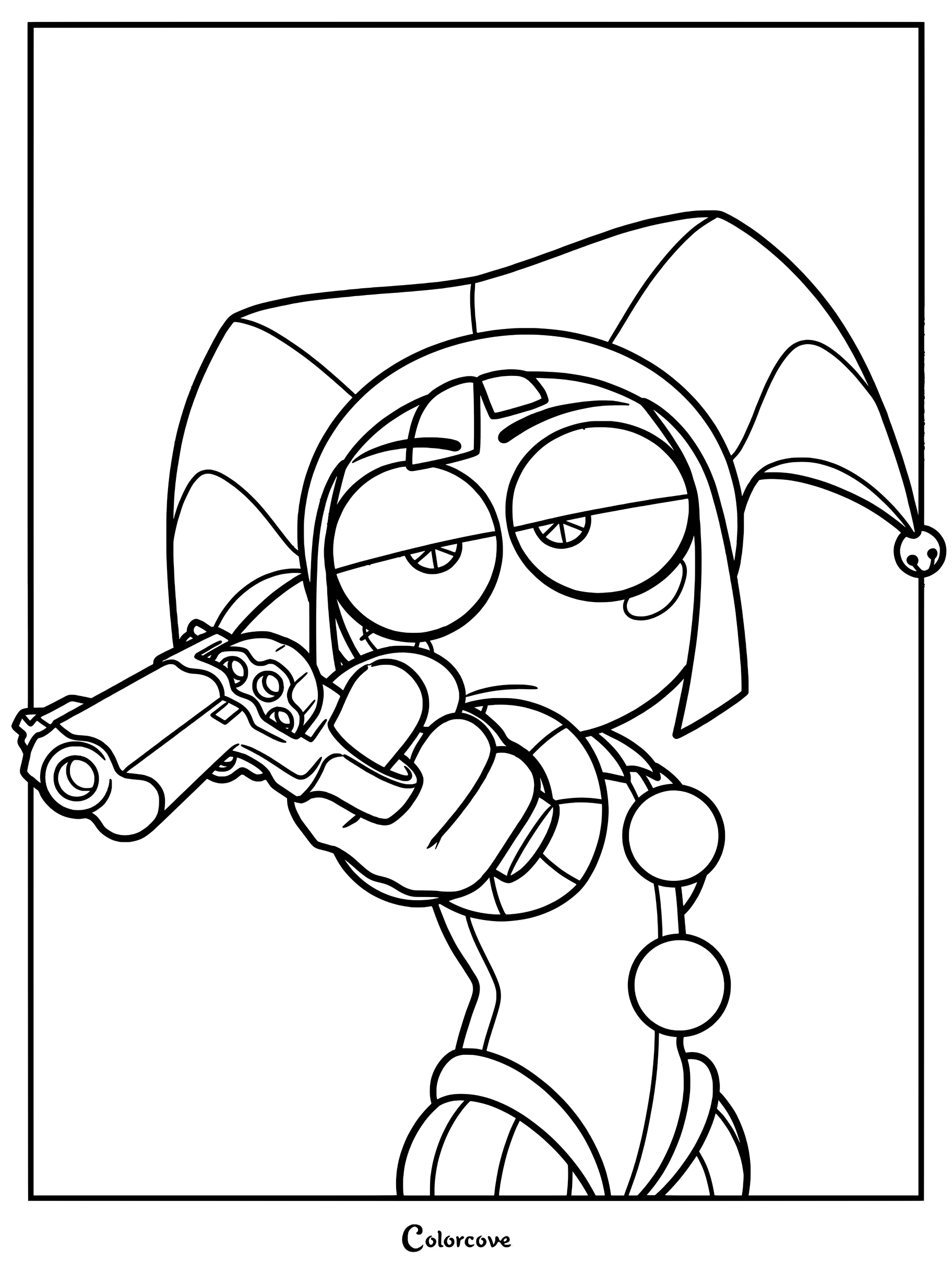 Pomni from The Amazing Digital Circus holding a revolver in this printable coloring page.