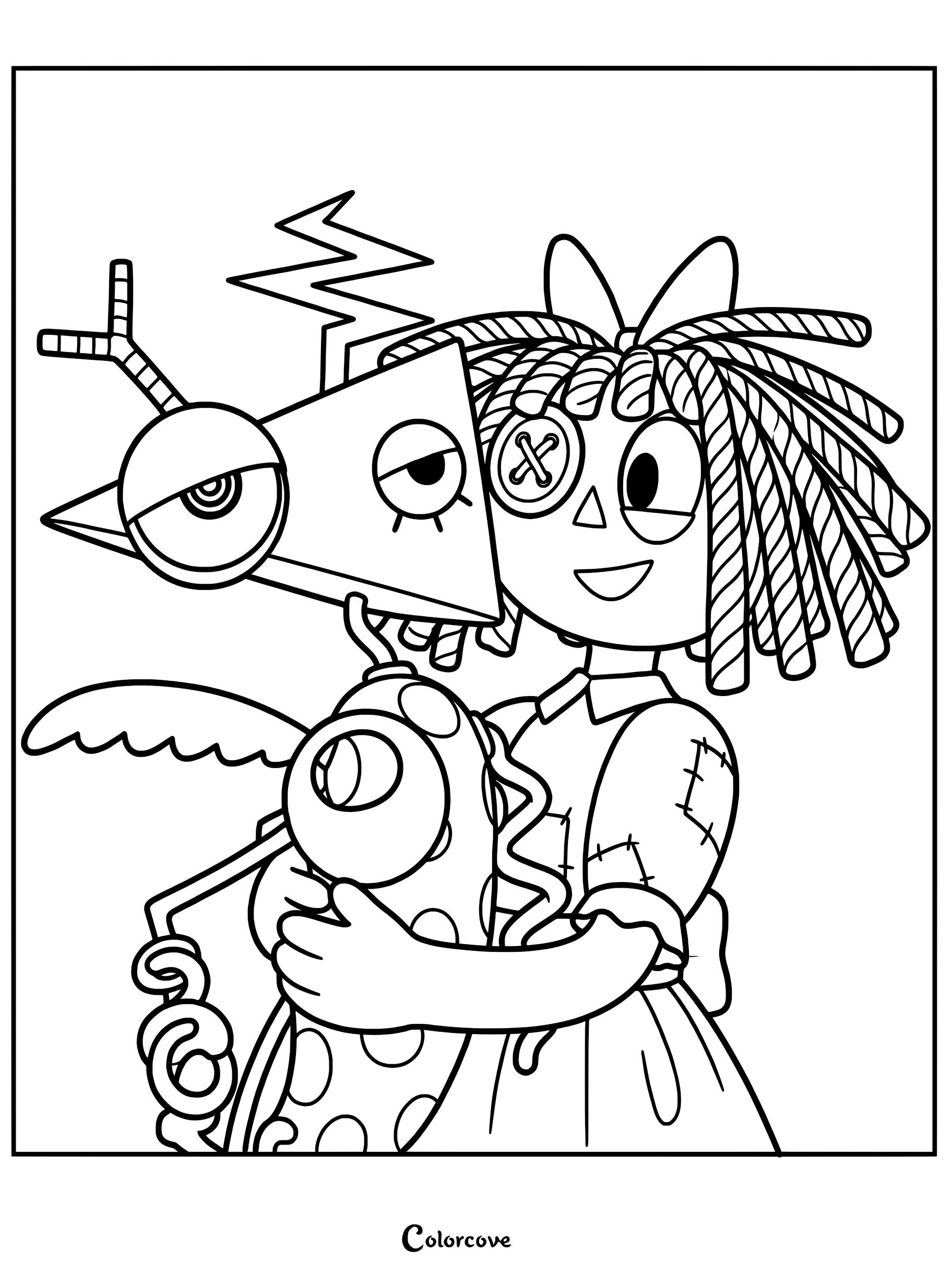 Ragatha the ragdoll character hugging Zooble the abstract character in this printable coloring page.