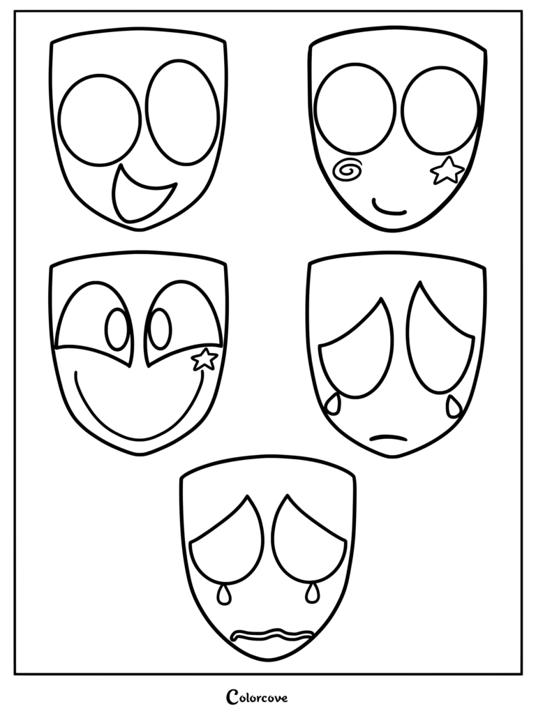 Printable coloring page featuring Gangle Masks from The Amazing Digital Circus.