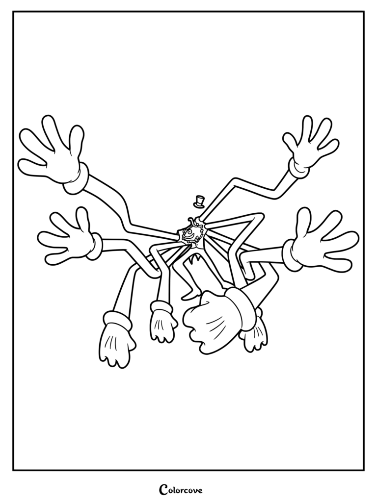 God Caine coloring page featuring multiple arms from The Amazing Digital Circus.