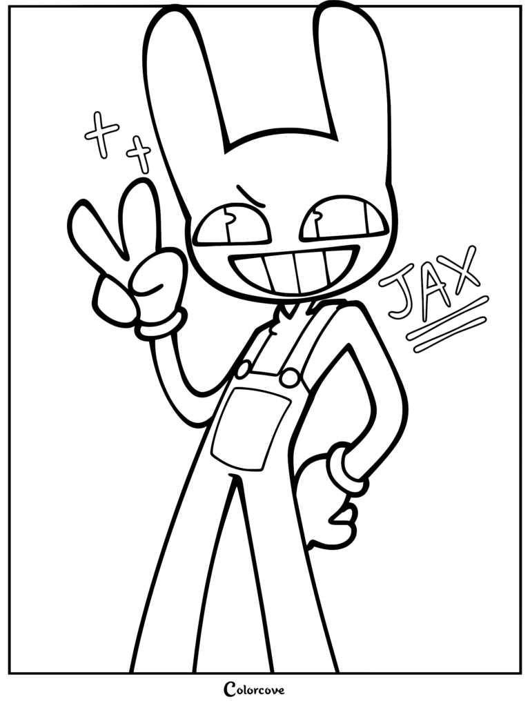 Jax the purple rabbit character from The Amazing Digital Circus flashing a peace sign, featuring a grin and overalls, line art style coloring page.