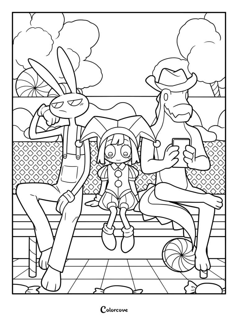 Pomni and Jax and Gummigoo coloring page from The Amazing Digital Circus.