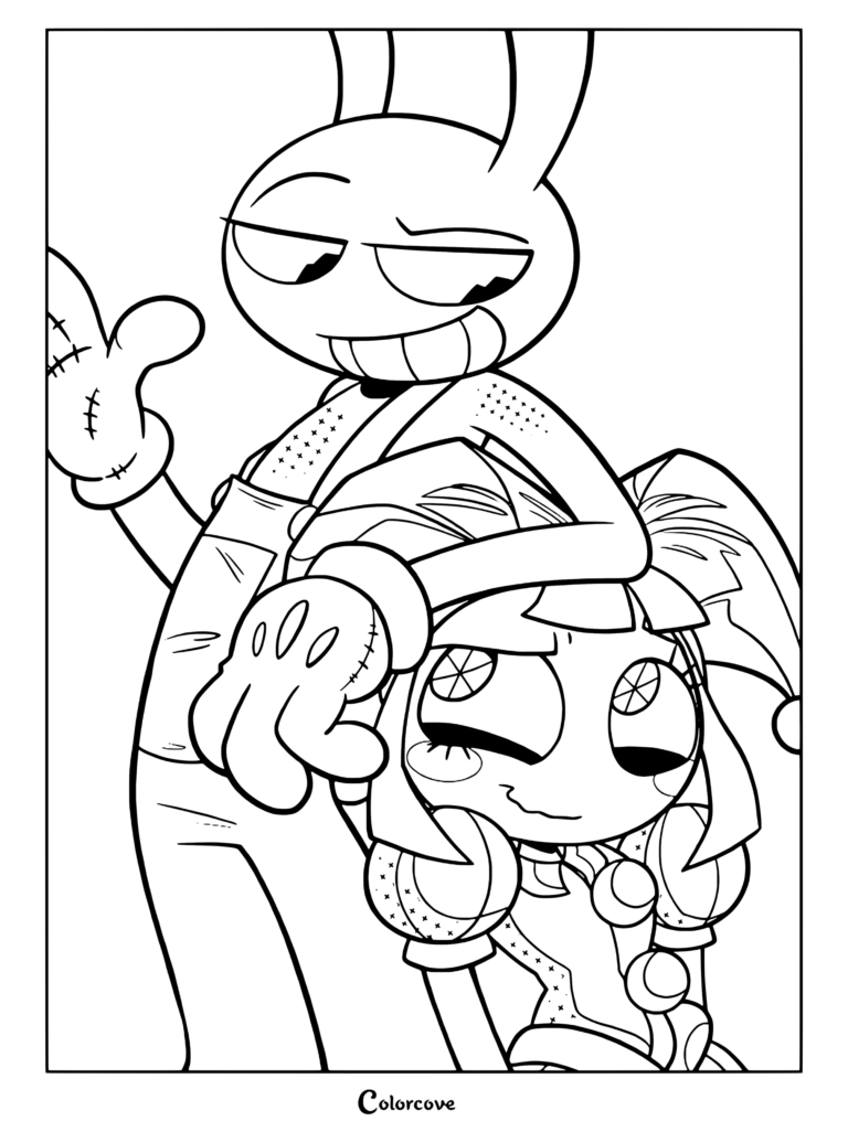 Pomni and Jax coloring page featuring characters from The Amazing Digital Circus.