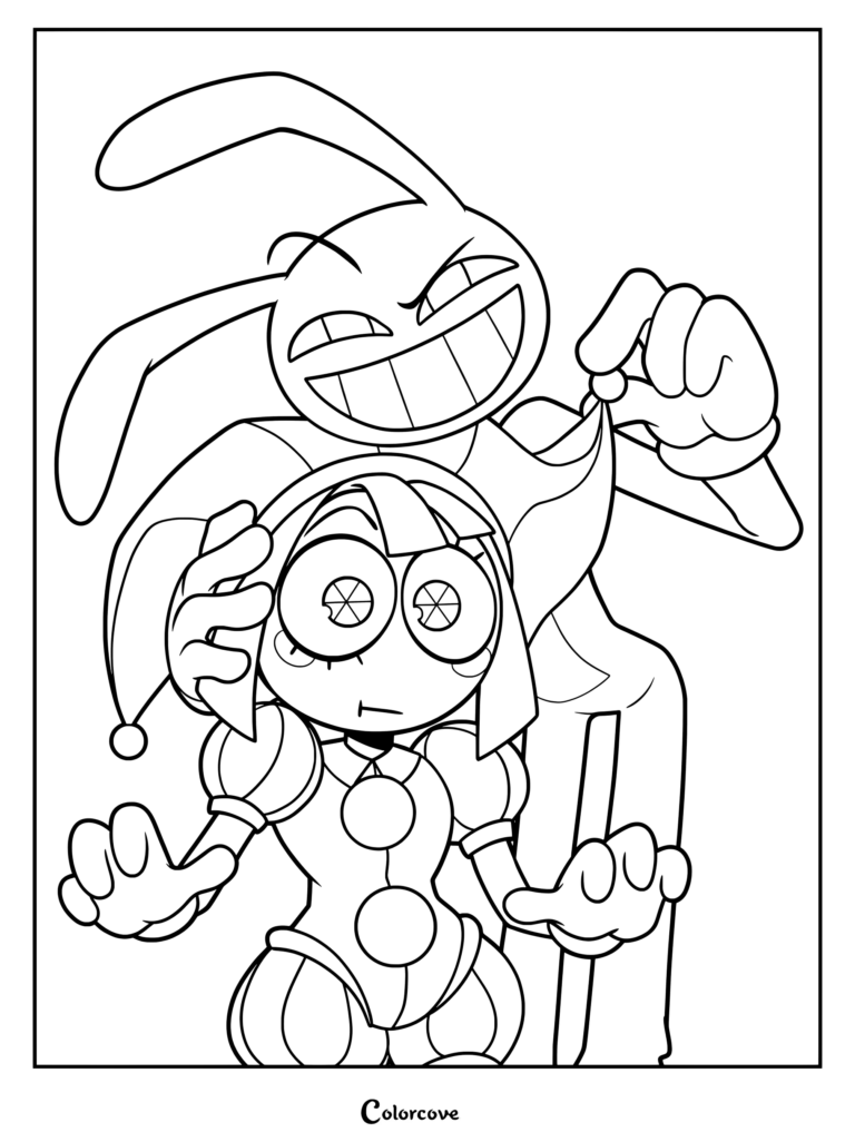 Pomni and Jax coloring page from The Amazing Digital Circus featuring Jax pulling Pomni's jester hat.