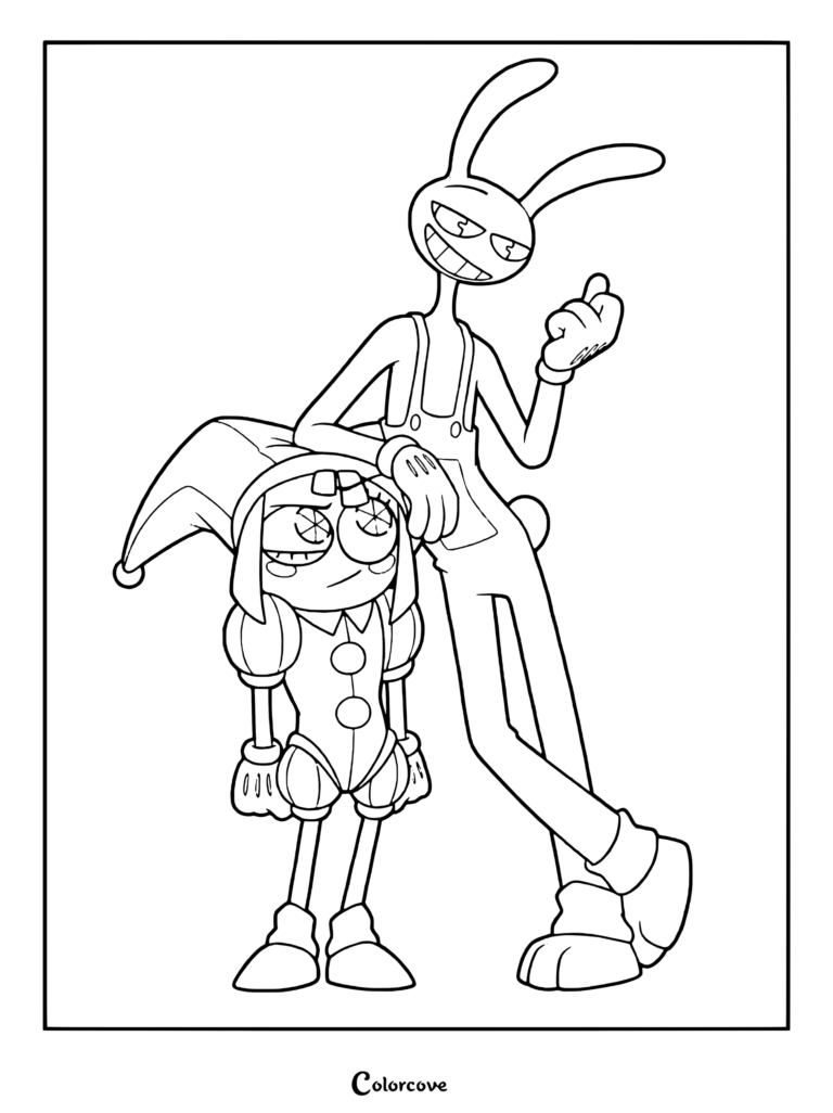 Jax leans casually on an annoyed Pomni while striking a pose.