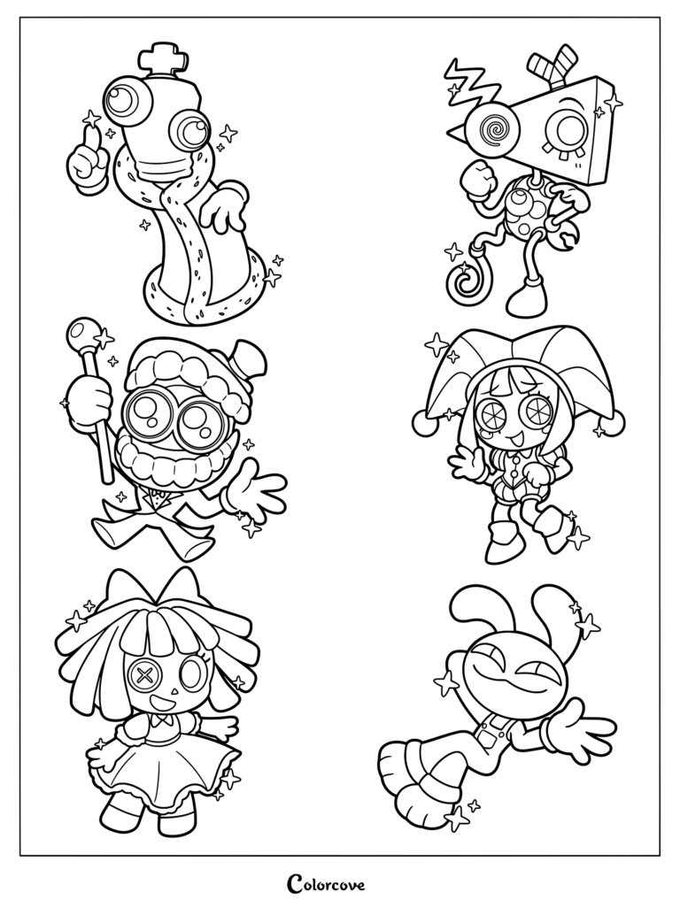 Chibi versions of the main characters pose together happily.