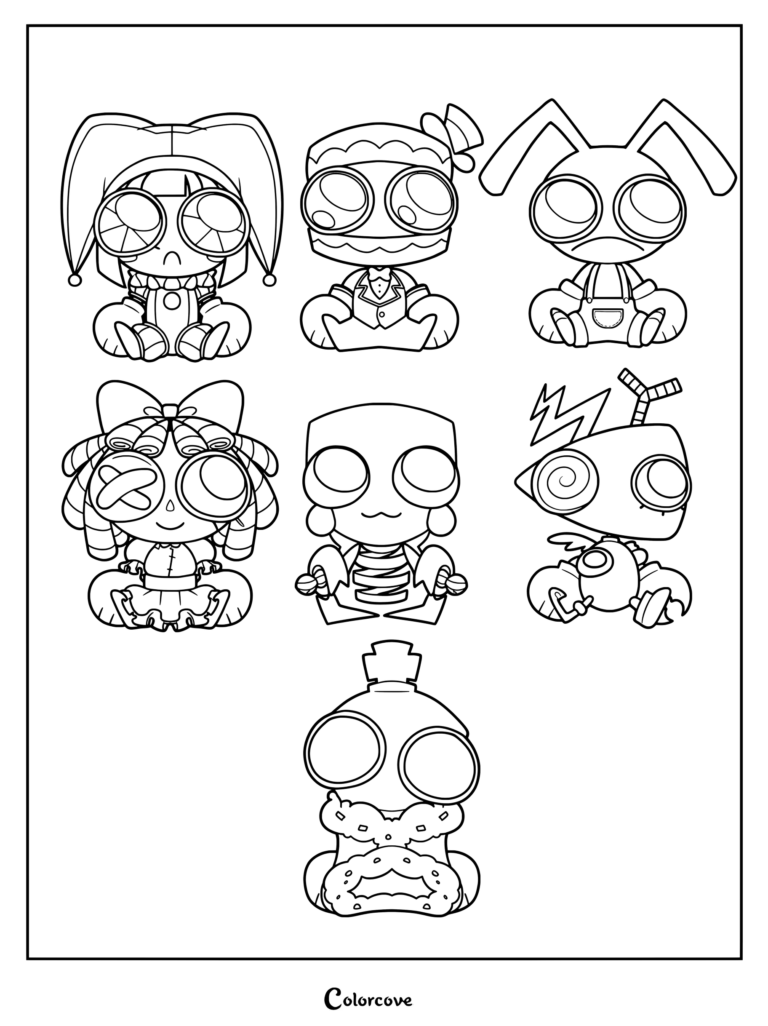 Chibi versions of the main characters are sitting together.