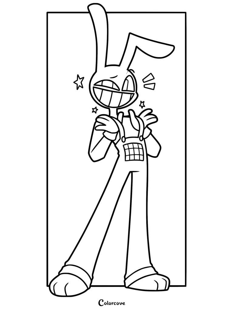 Jax from The Amazing Digital Circus standing in overalls with one floppy rabbit ear, surrounded by sparkling star icons, in this printable line art coloring page.