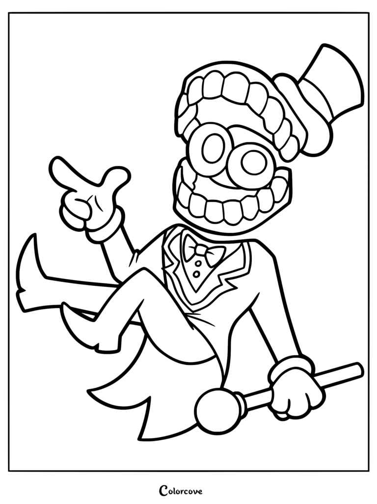 A black and white line art coloring page of Caine from The Amazing Digital Circus, featuring his teeth-head, top hat, tuxedo, and cane, gesturing with one hand.