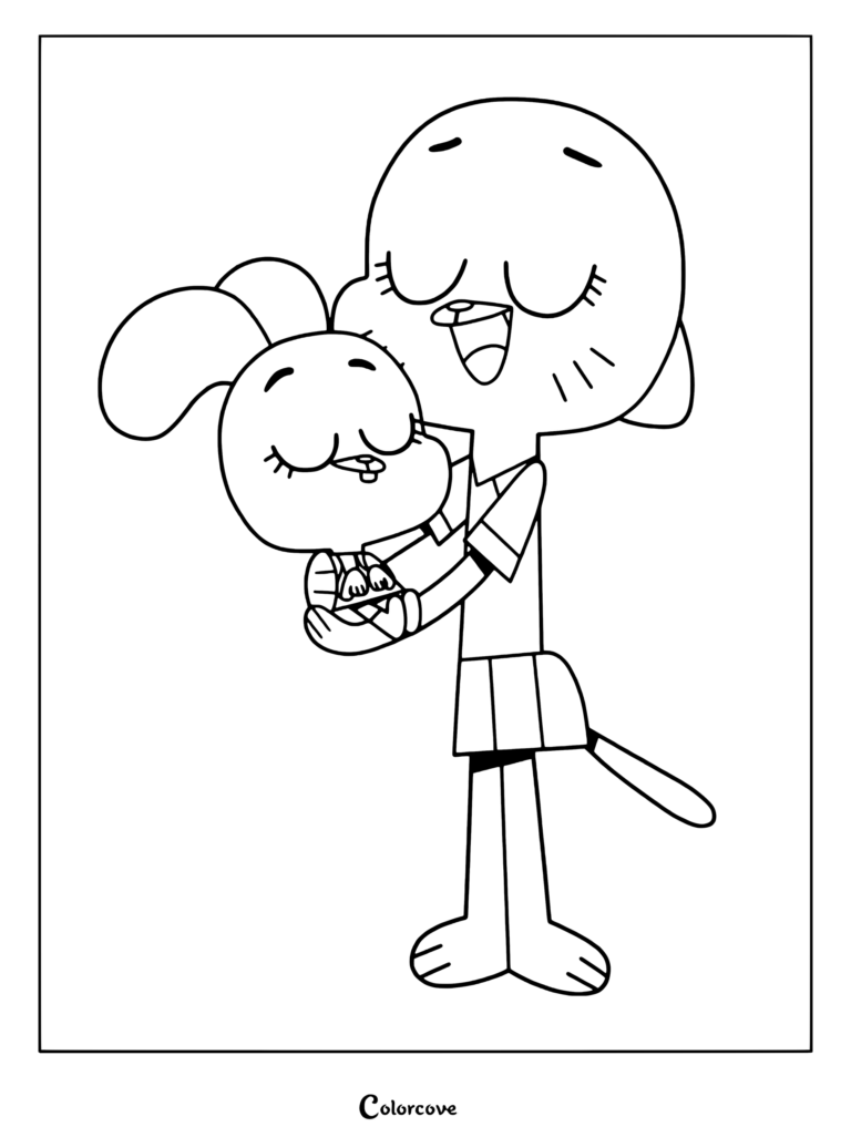 Nicole Watterson abrazando con cariño a su joven hija Anais en un dibujo para colorear de El increíble mundo de Gumball