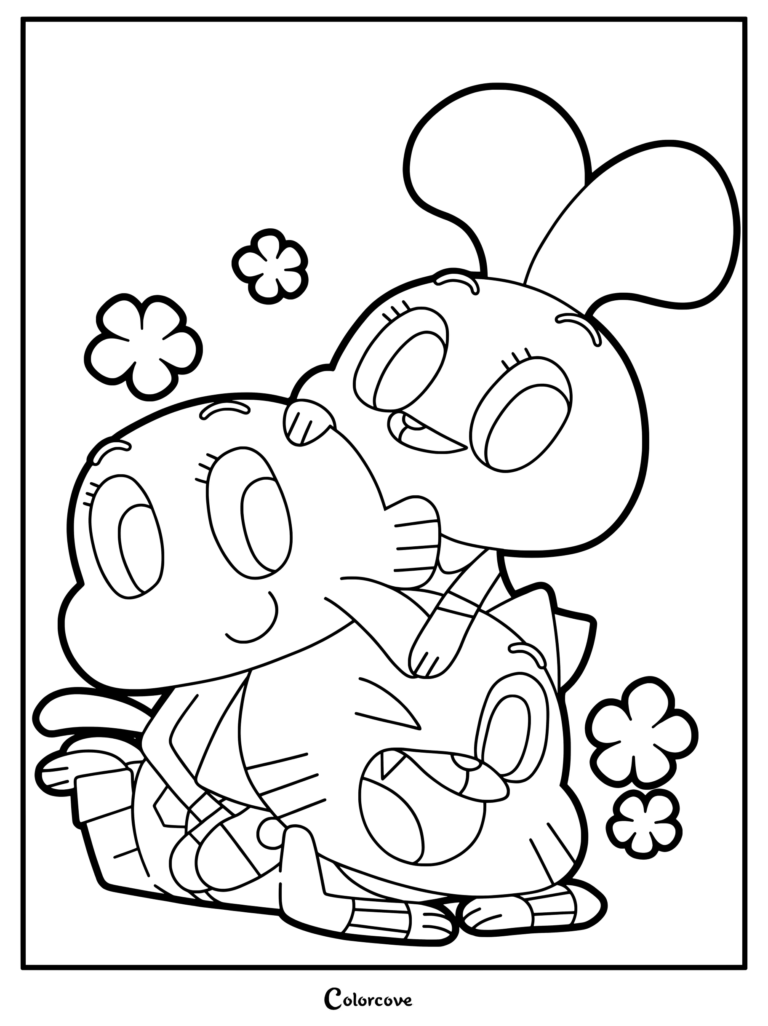 Dibujo para colorear de Gumball, Darwin y Anais Watterson apilados en una linda y divertida postura para fans de El increíble mundo de Gumball