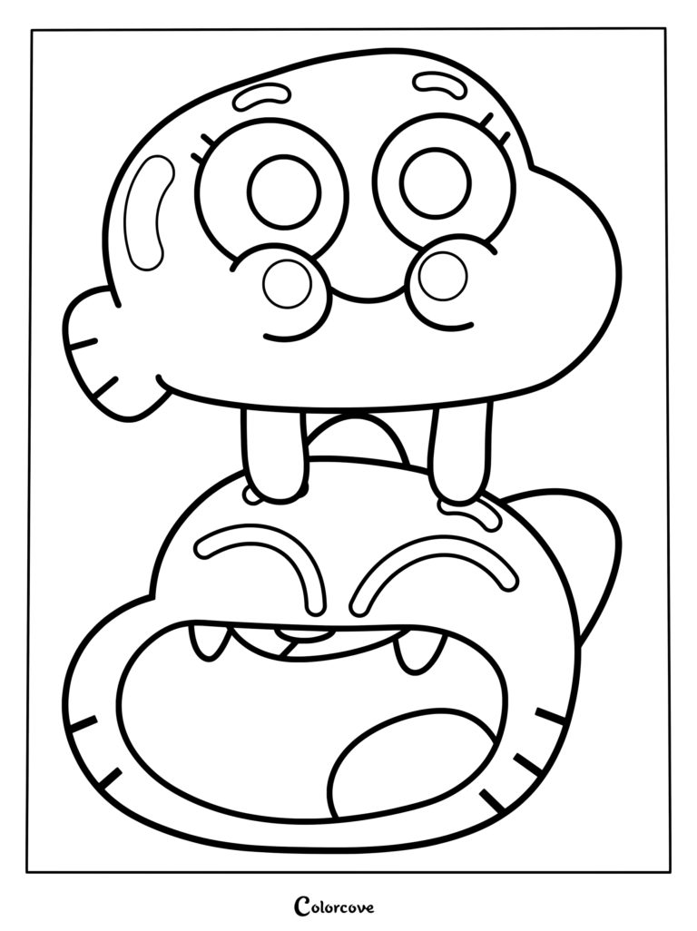 Dibujo para colorear de Darwin de pie sobre la cabeza de Gumball de la serie animada El increíble mundo de Gumball