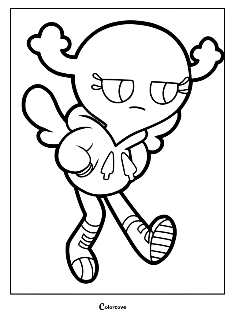 Dibujo para colorear de fan art de Penny Fitzgerald de El increíble mundo de Gumball, representada sin su cáscara con una sudadera marrón y zapatillas naranjas