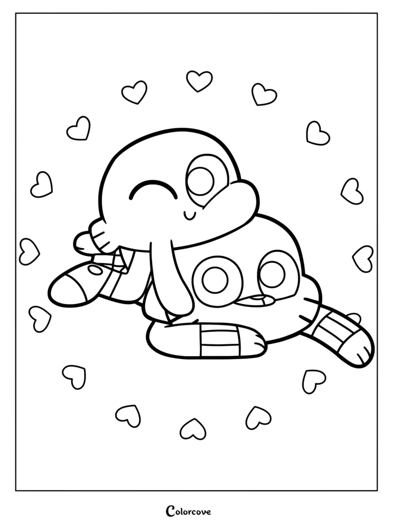 Dibujo para colorear de Gumball y Darwin Watterson de El increíble mundo de Gumball rodeados de pequeños corazones rosas