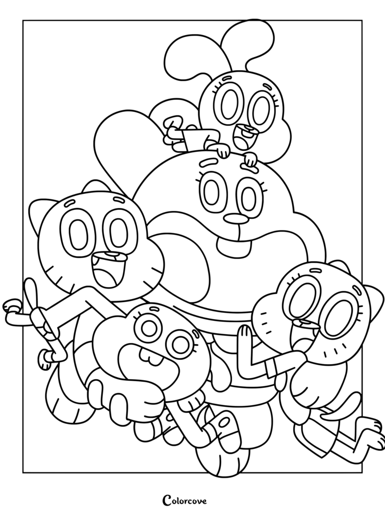 Dibujo para colorear imprimible de la familia Watterson con Gumball, Darwin, Anais, Nicole y Richard.