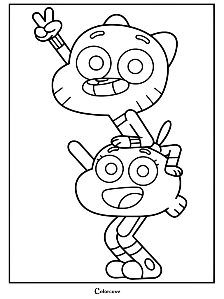 Gumball Watterson va a caballito sobre su hermano adoptivo, Darwin Watterson, en esta ilustración digital para colorear de El increíble mundo de Gumball