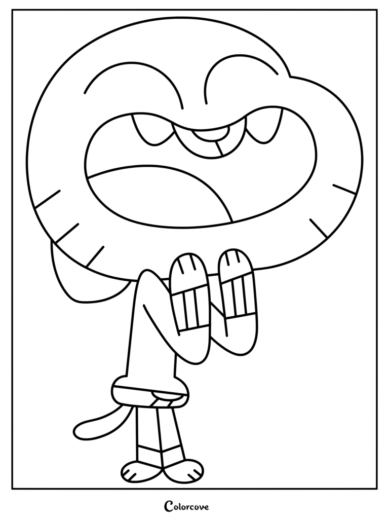 Gumball Watterson riendo emocionado con las manos juntas en un dibujo para colorear de El increíble mundo de Gumball