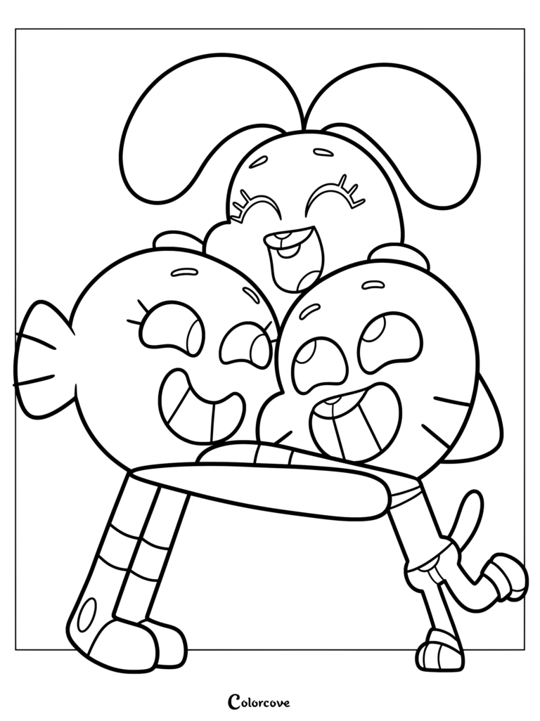 Gumball, Darwin y Anais Watterson dándose un cálido abrazo grupal en este dibujo para colorear de El increíble mundo de Gumball