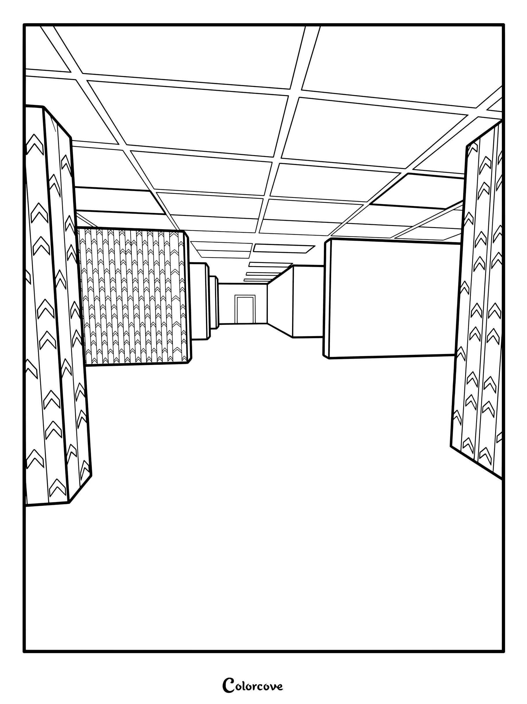 Coloriage de The Backrooms Niveau 389 présentant des piliers géométriques et des dalles de plafond dans un couloir en perspective