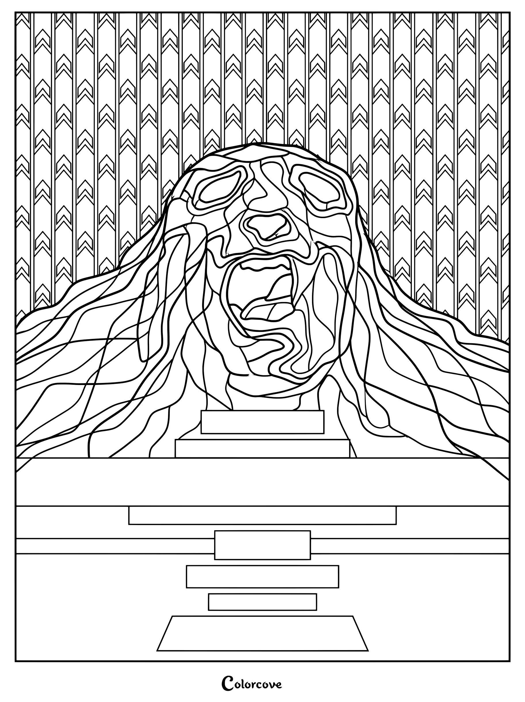 Coloriage détaillé de l'Entité 1 de The Backrooms, un visage hurlant colossal avec de longs cheveux sur un fond de papier peint à motifs de chevrons