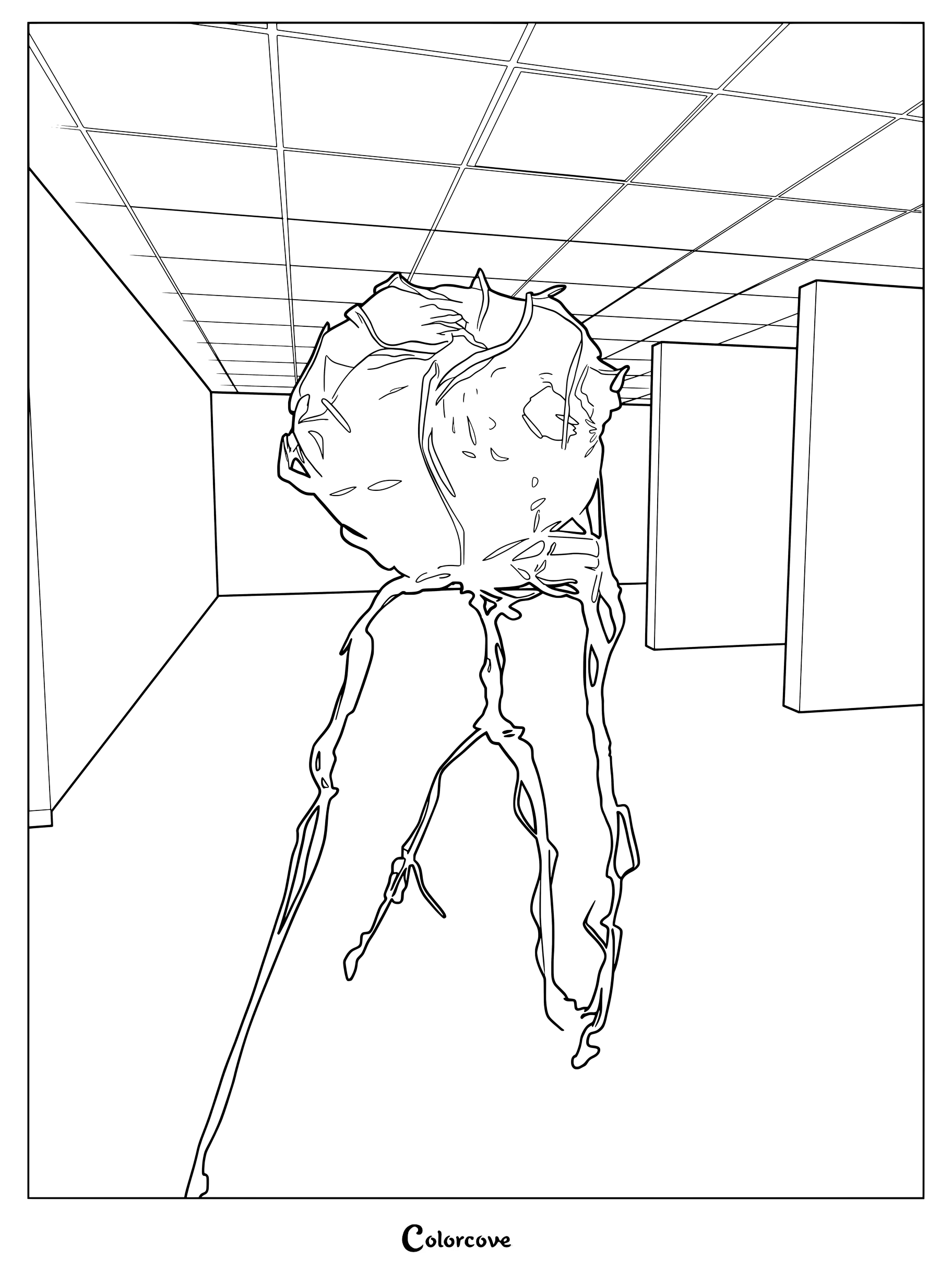 Une créature mystérieuse au corps rond et aux pattes grêles déambulant dans les couloirs de The Backrooms, style contours pour un coloriage.