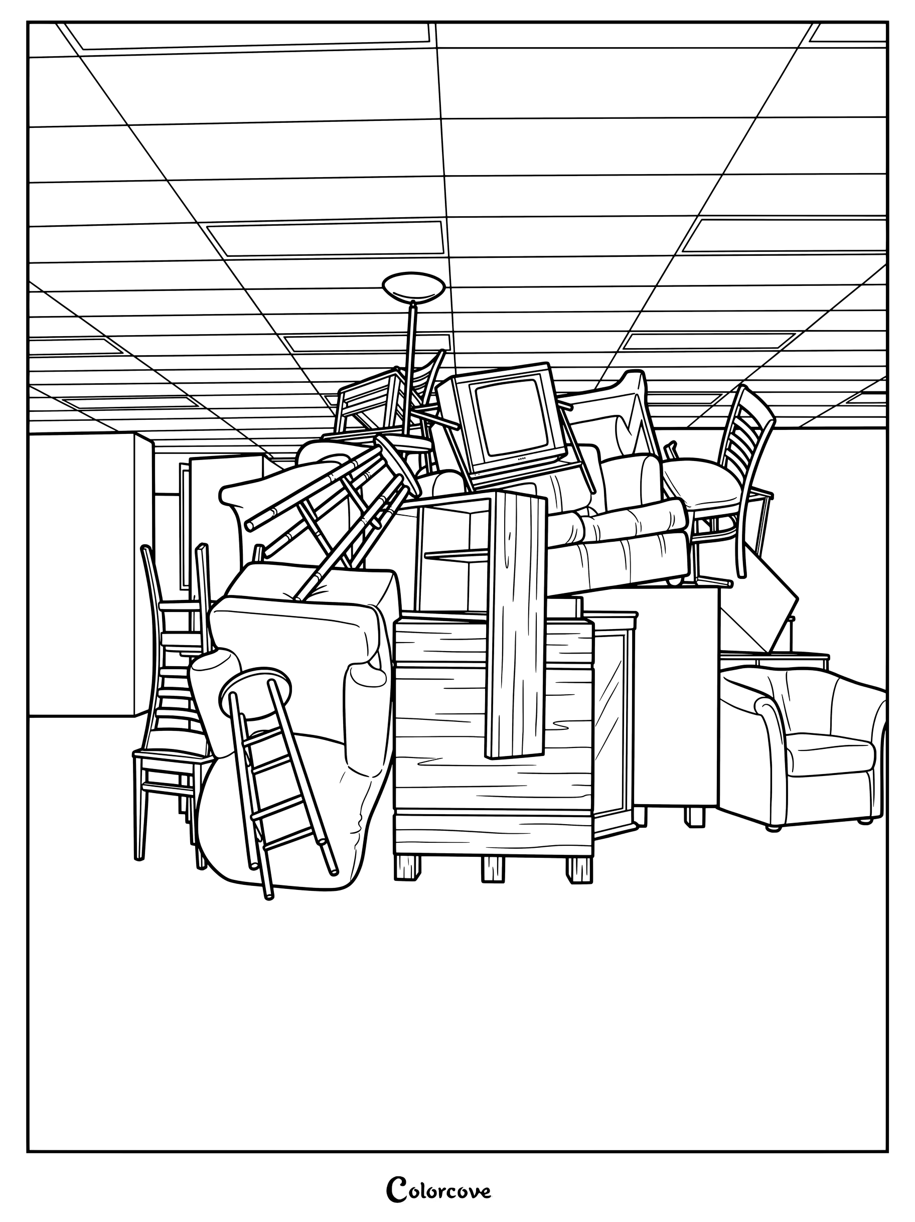 Coloriage de The Backrooms présentant un grand empilement de meubles variés dans un espace liminal.
