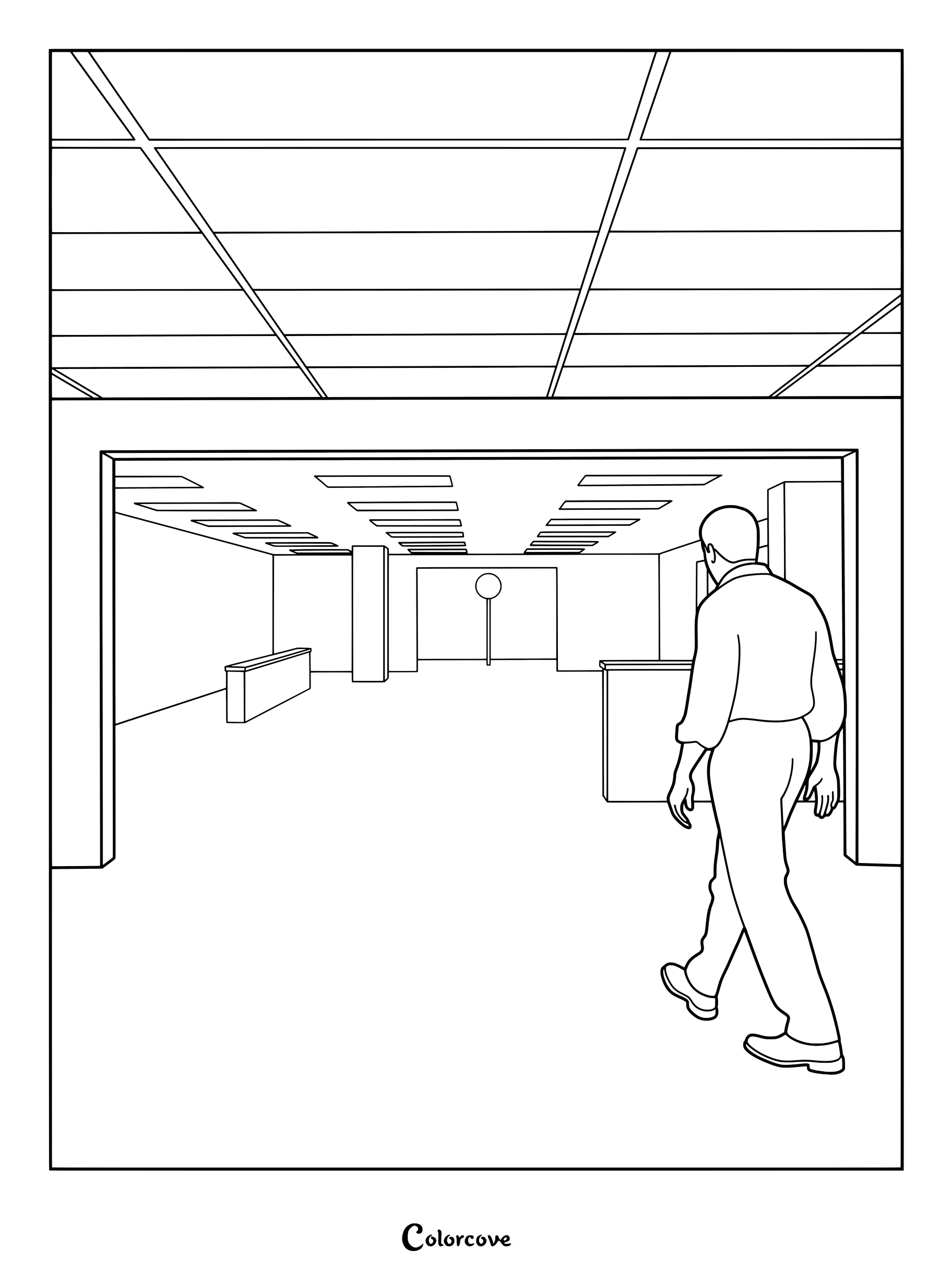 Coloriage à imprimer d'une scène du film Backrooms de 2026 représentant une personne marchant dans d'infinis couloirs de bureaux