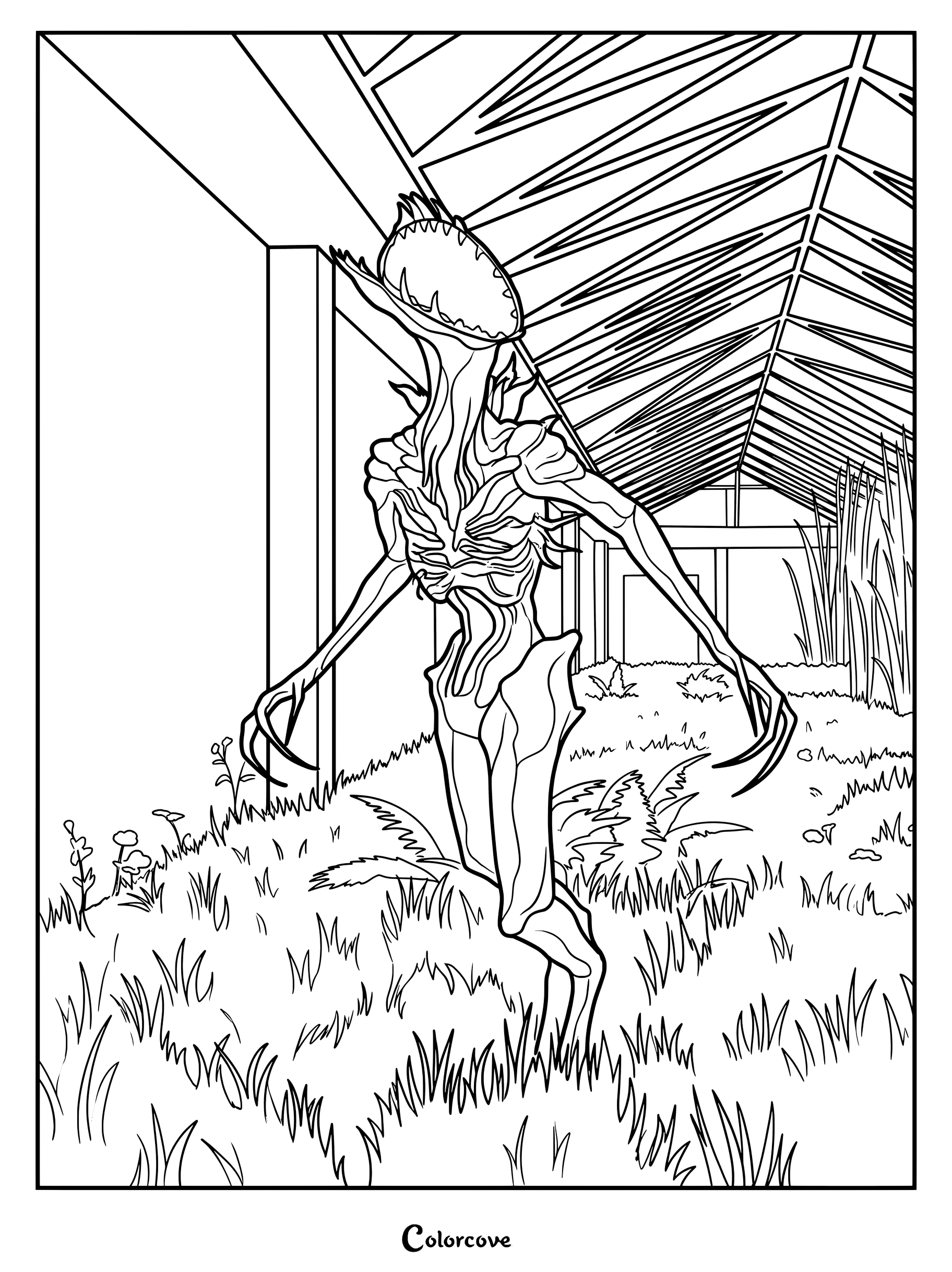 Coloriage de l'Entité #172 : L'Humanoïde Piège à Mouches se tenant dans les Grassrooms