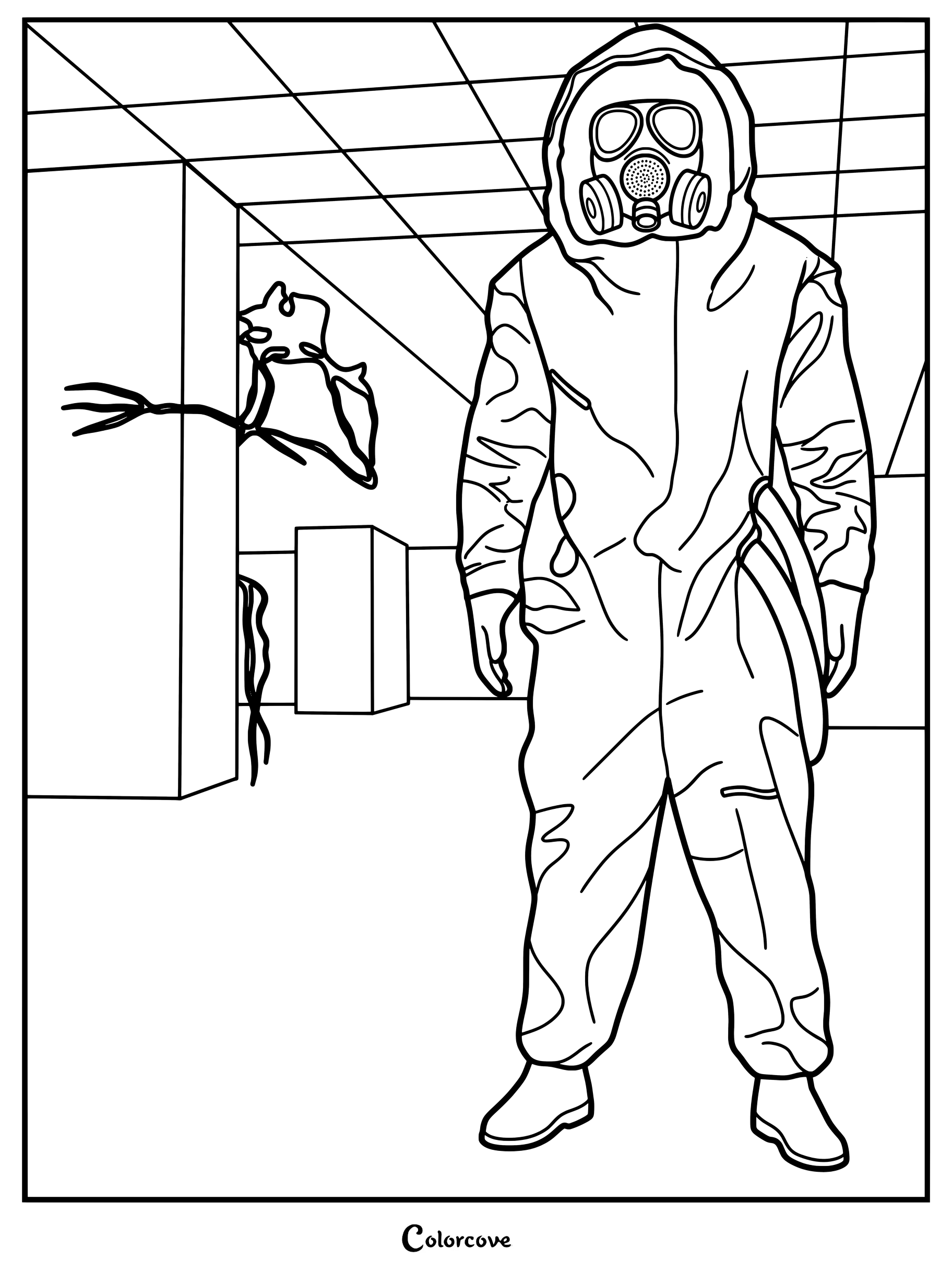 Coloriage Backrooms Escape Together mettant en scène un personnage en combinaison Hazmat et masque à gaz debout dans un couloir inquiétant