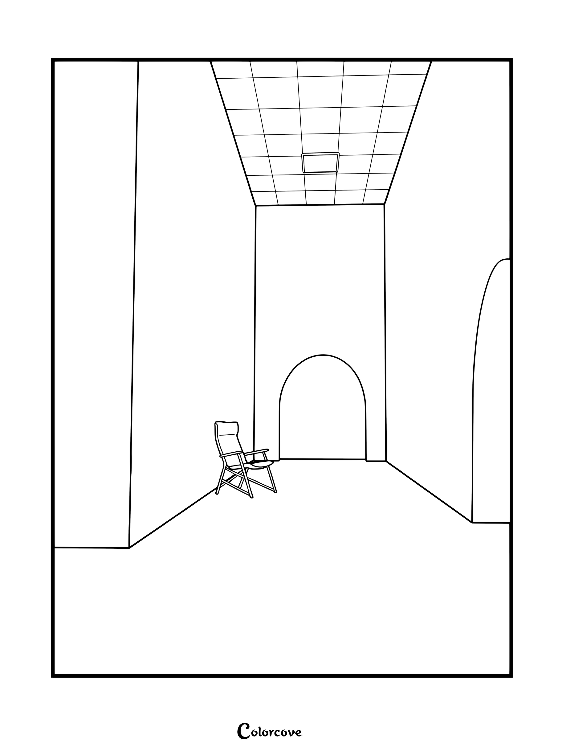Coloriage de The Backrooms Le Lobby présentant un couloir vide avec une seule chaise et des passages en arc