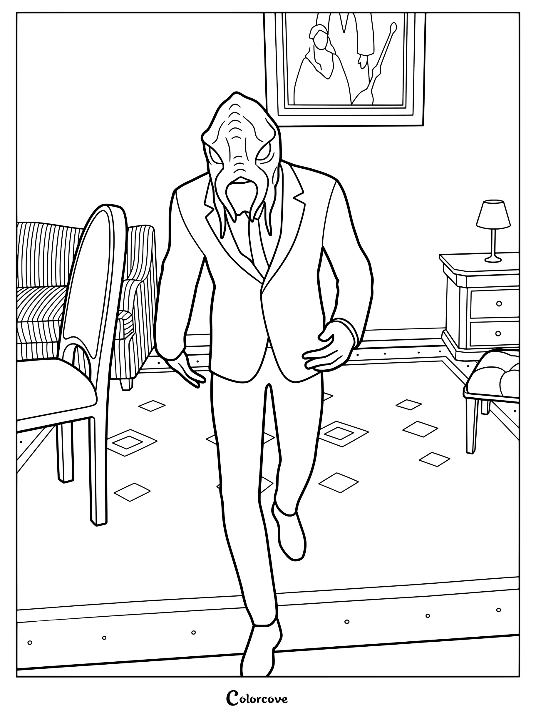 Le Réceptionniste est une entité présente dans le Terror Hotel, coloriage mettant en scène un monstre humanoïde en costume marchant dans une chambre d'hôtel.