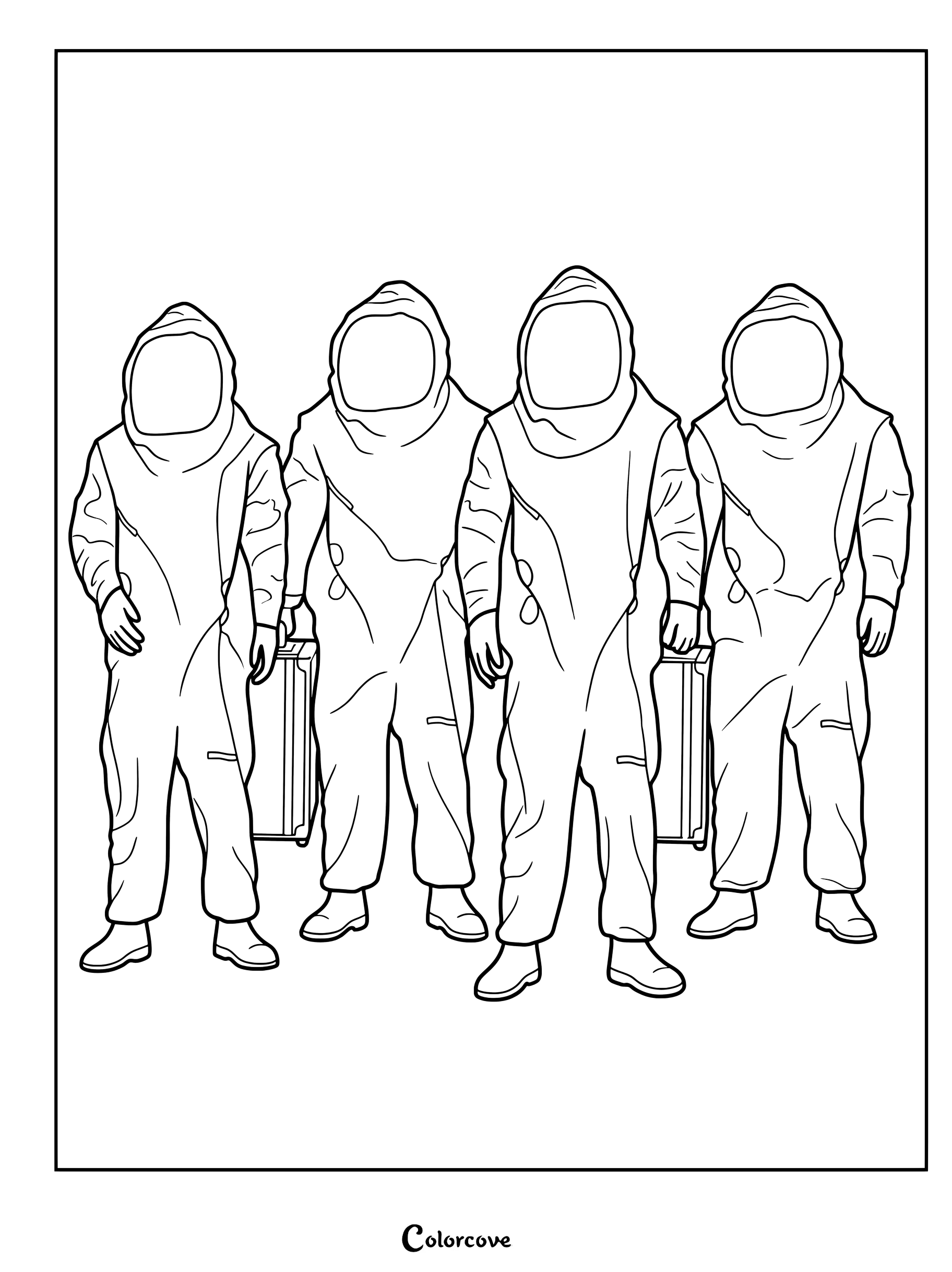 Coloriage de personnages en combinaison Hazmat naviguant dans un espace liminal connu sous le nom de The Backrooms