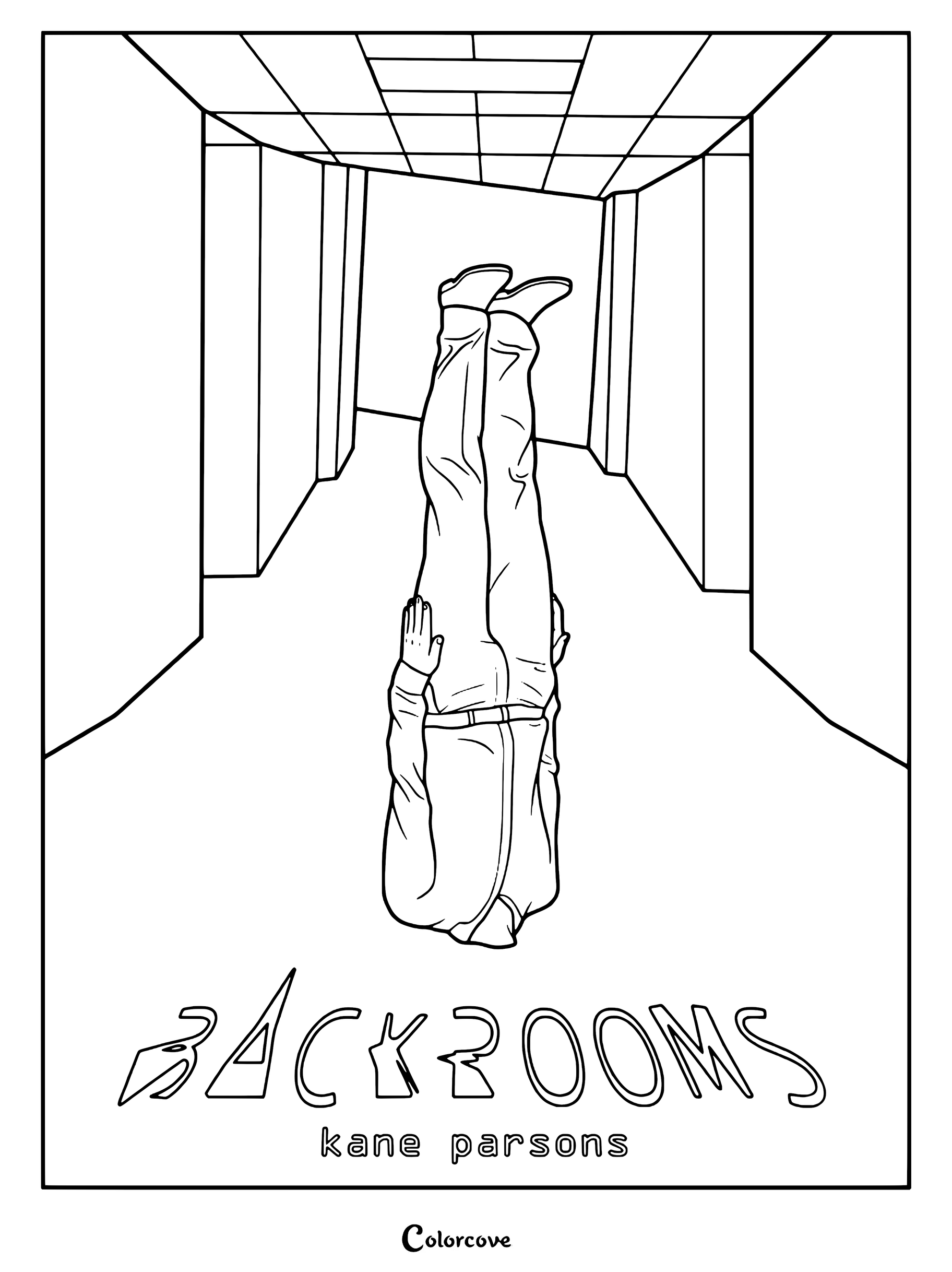 Affiche conceptuelle pour coloriage de The Backrooms montrant une personne à l'envers dans un couloir