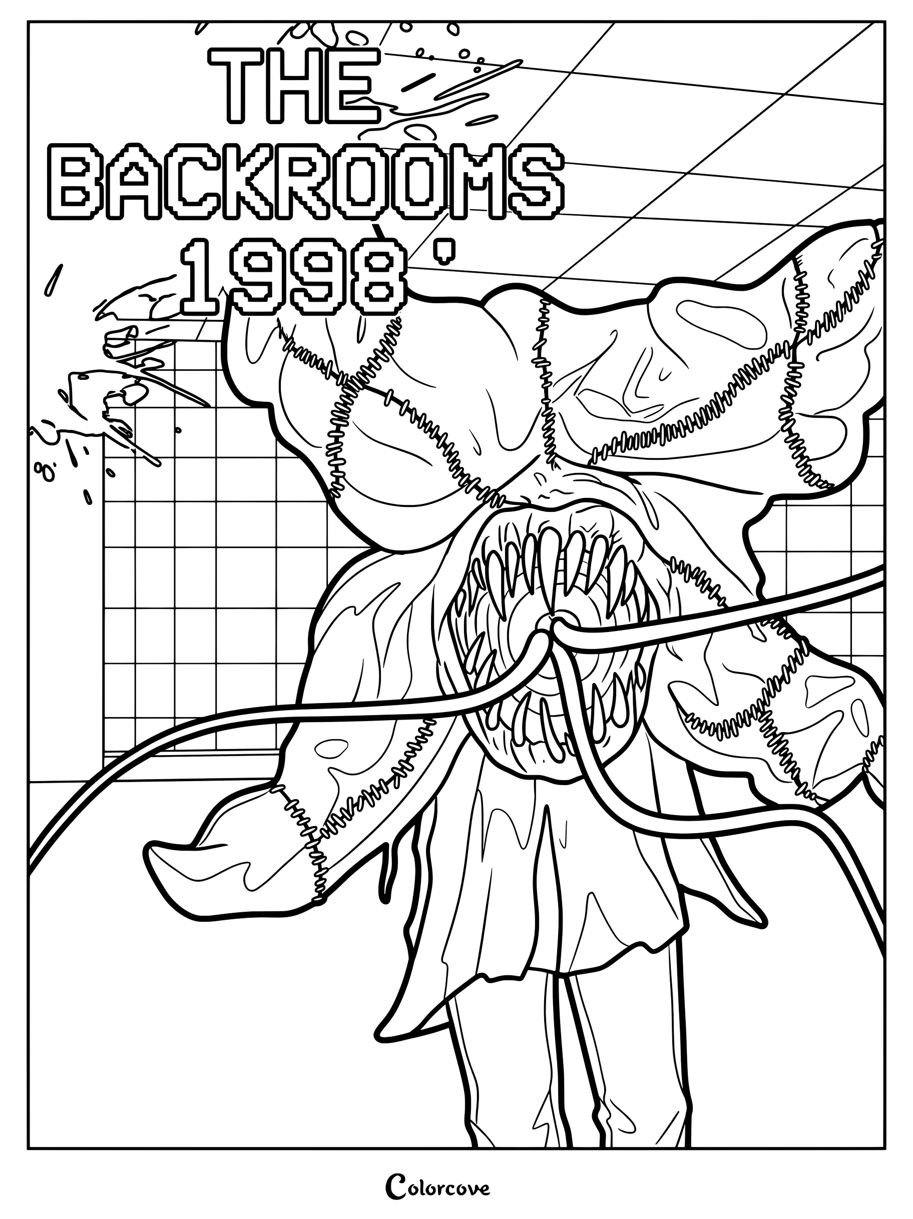 Coloriage du jeu d'horreur et de survie found-footage The Backrooms 1998 montrant une terrifiante créature recousue