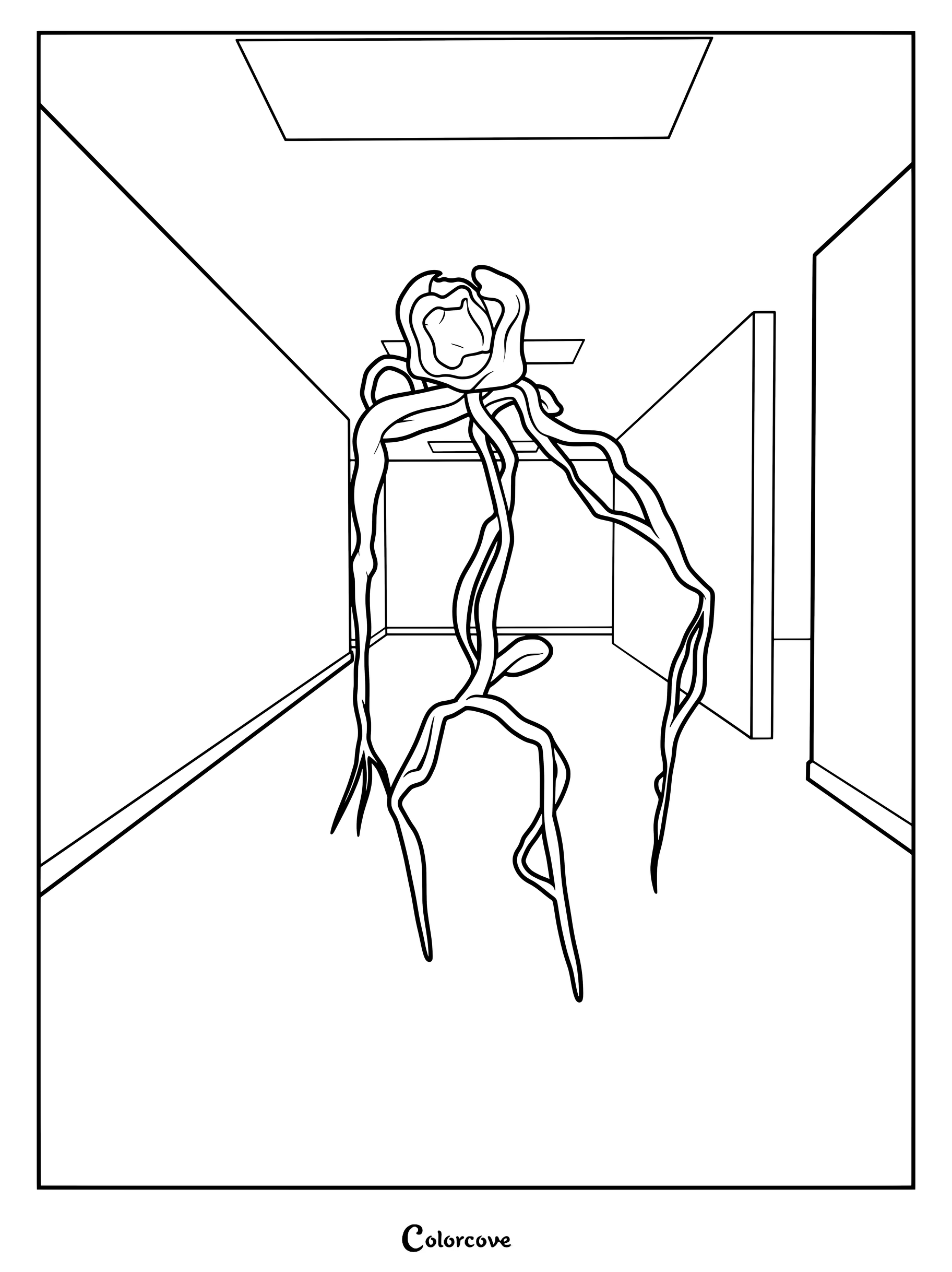 Illustration promotionnelle pour coloriage Backrooms Hide and Seek présentant une étrange entité dans un couloir étroit