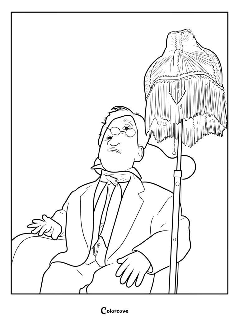 Coloriage représentant Archibald Leland Sutter assis dans une pièce à côté d'un lampadaire à franges.