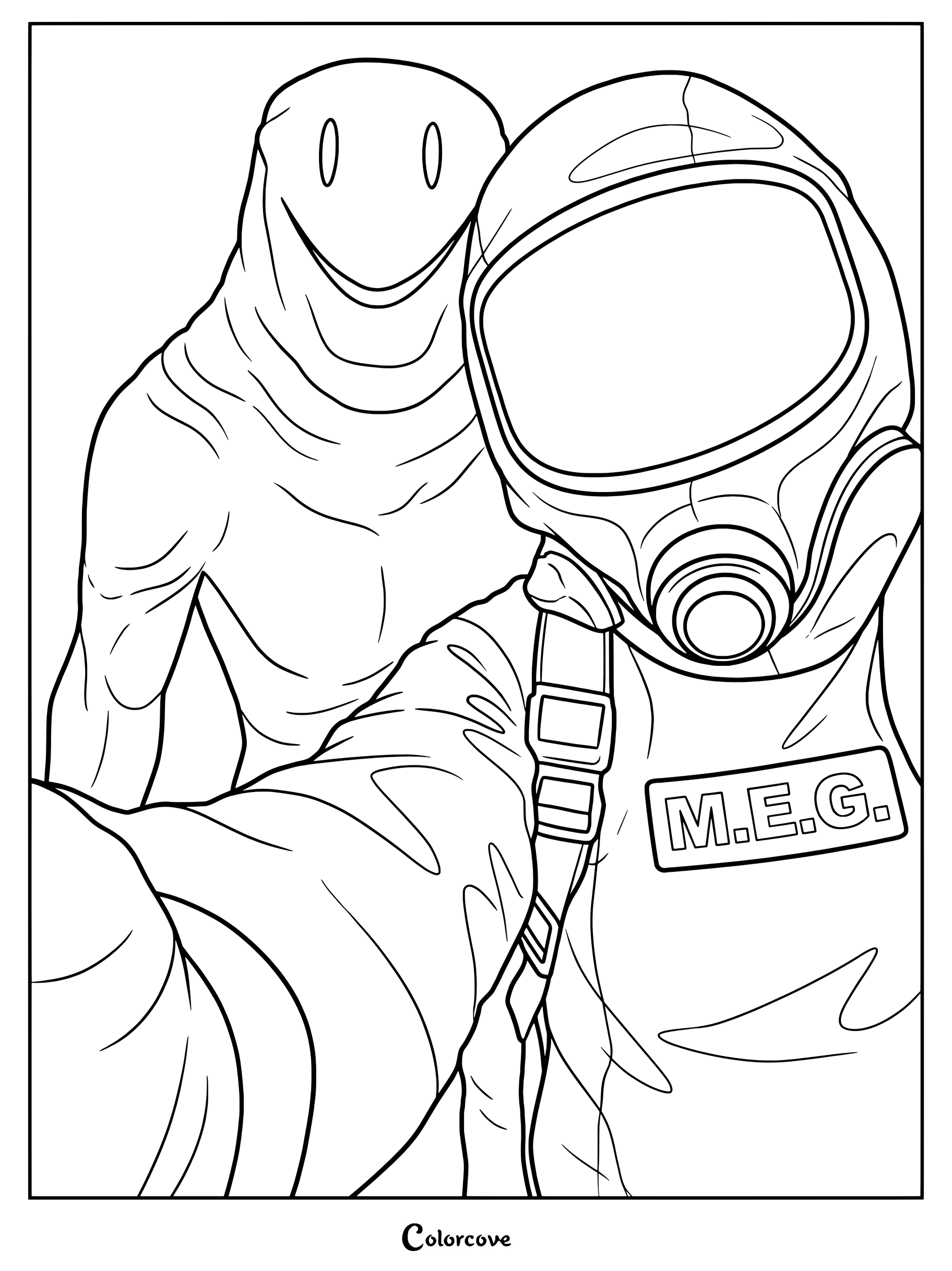 Un coloriage à imprimer présentant un selfie dans The Backrooms avec un Partygoer souriant et un Agent du M.E.G..