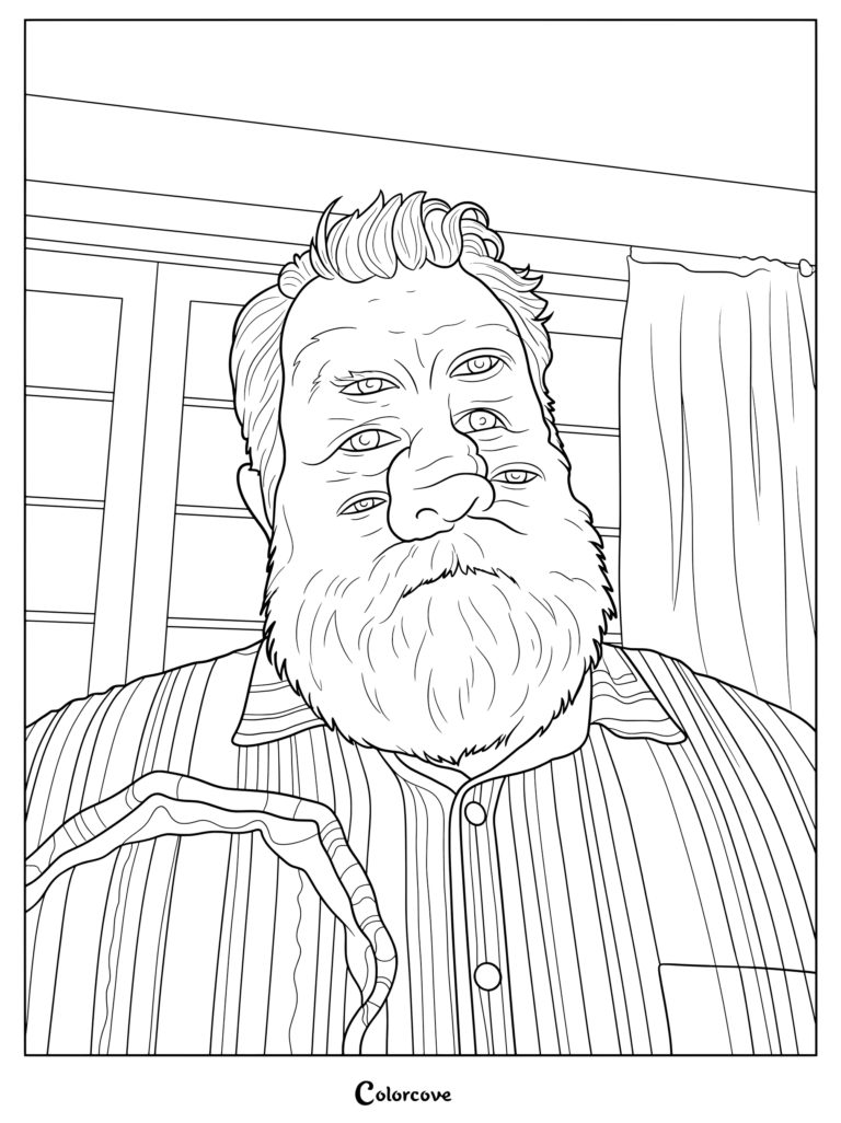 Coloriage à imprimer représentant l'entité de l'Homme Barbu aux yeux multiples et à la barbe fournie, issue du film The Backrooms.
