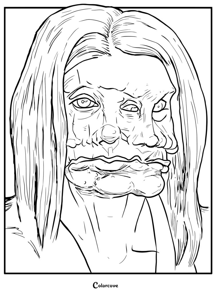 Coloriage issu du film représentant Nature Morte à la Chevelure Rousse, la grotesque entité ressemblant à l'ex-femme de Clark.