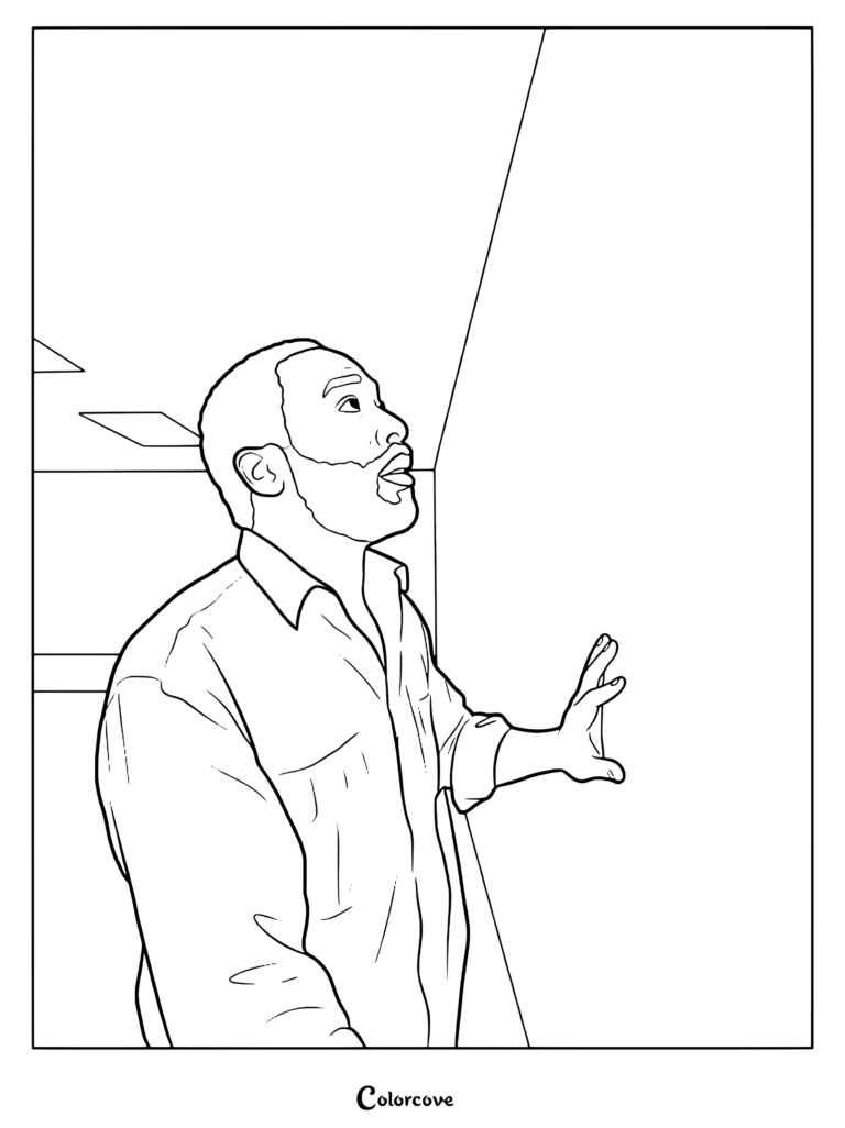 Coloriage montrant Clark regardant vers le haut avec émerveillement dans The Backrooms, issu du film d'horreur A24 de 2026 réalisé par Kane Parsons.