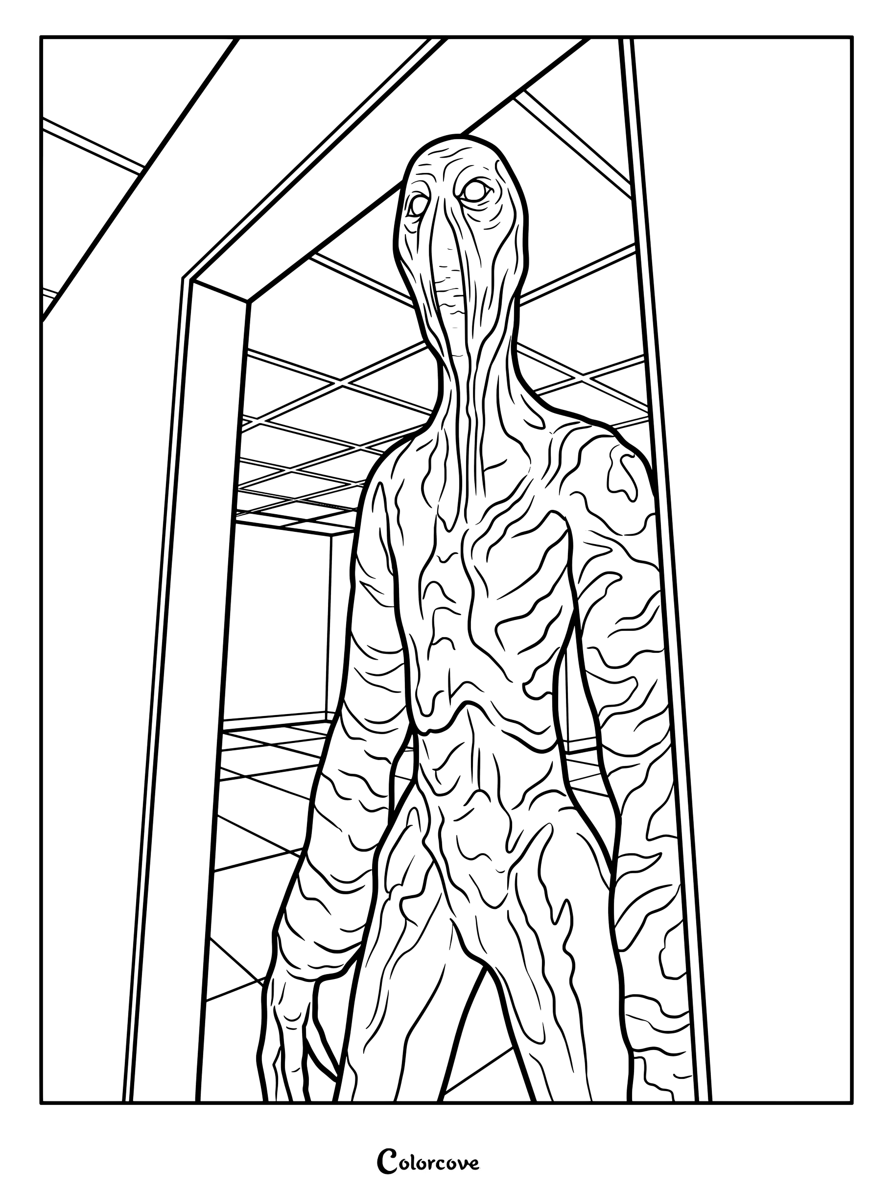 Coloriage de l'Entité 10 : Voleurs de peau debout dans un couloir de The Backrooms