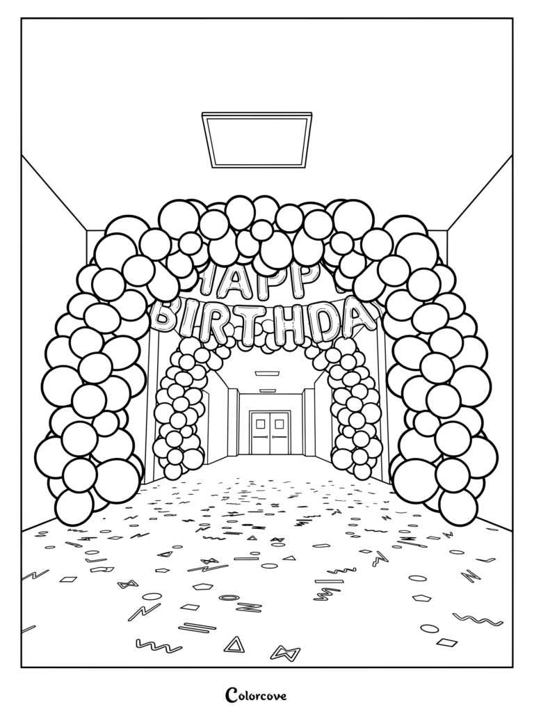 Coloriage du Niveau Fun dans The Backrooms, avec une arche de ballons de fête et des confettis sur le sol.