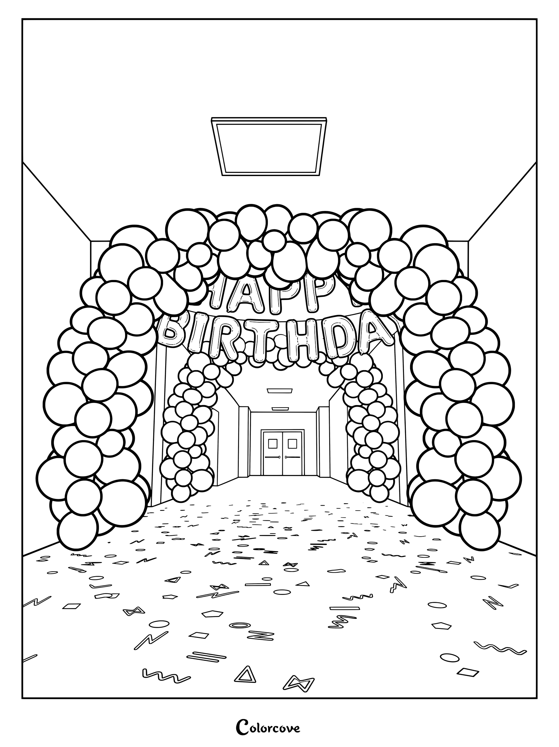 Coloriage du Niveau Fun dans The Backrooms représentant une arche de ballons de fête et des confettis sur le sol