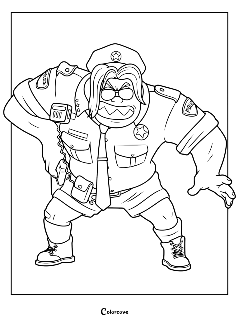 Jefa Misty Luggins con su uniforme de policía, gorra y corbata, de pie en una postura agresiva y lista para lanzarse en esta página para colorear imprimible.