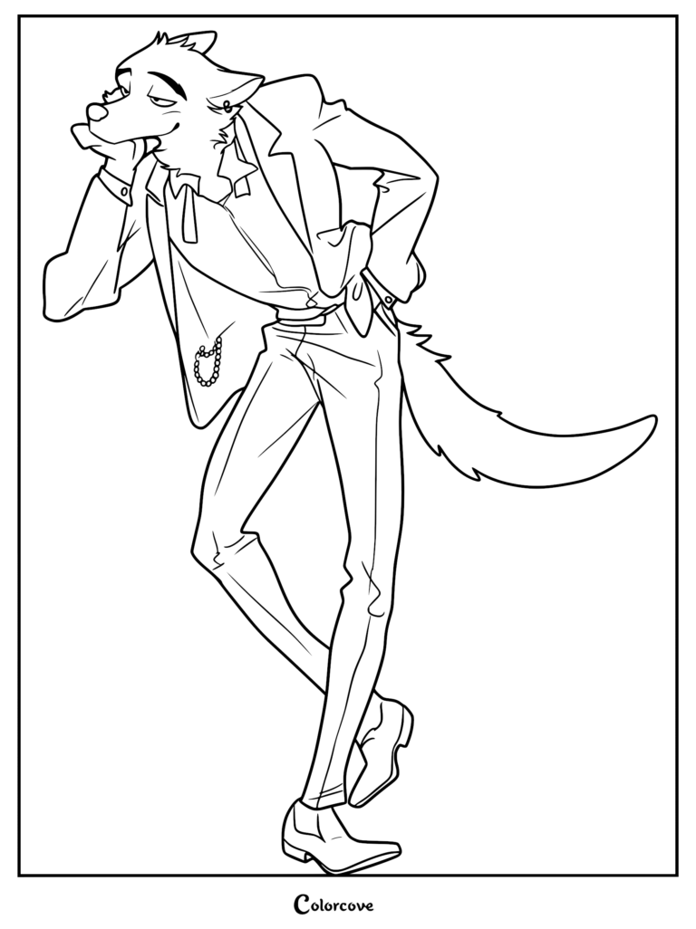 Sr. Lobo de Los Tipos Malos vistiendo un traje y corbata, apoyado con la mano en la barbilla, página para colorear de arte lineal en blanco y negro.