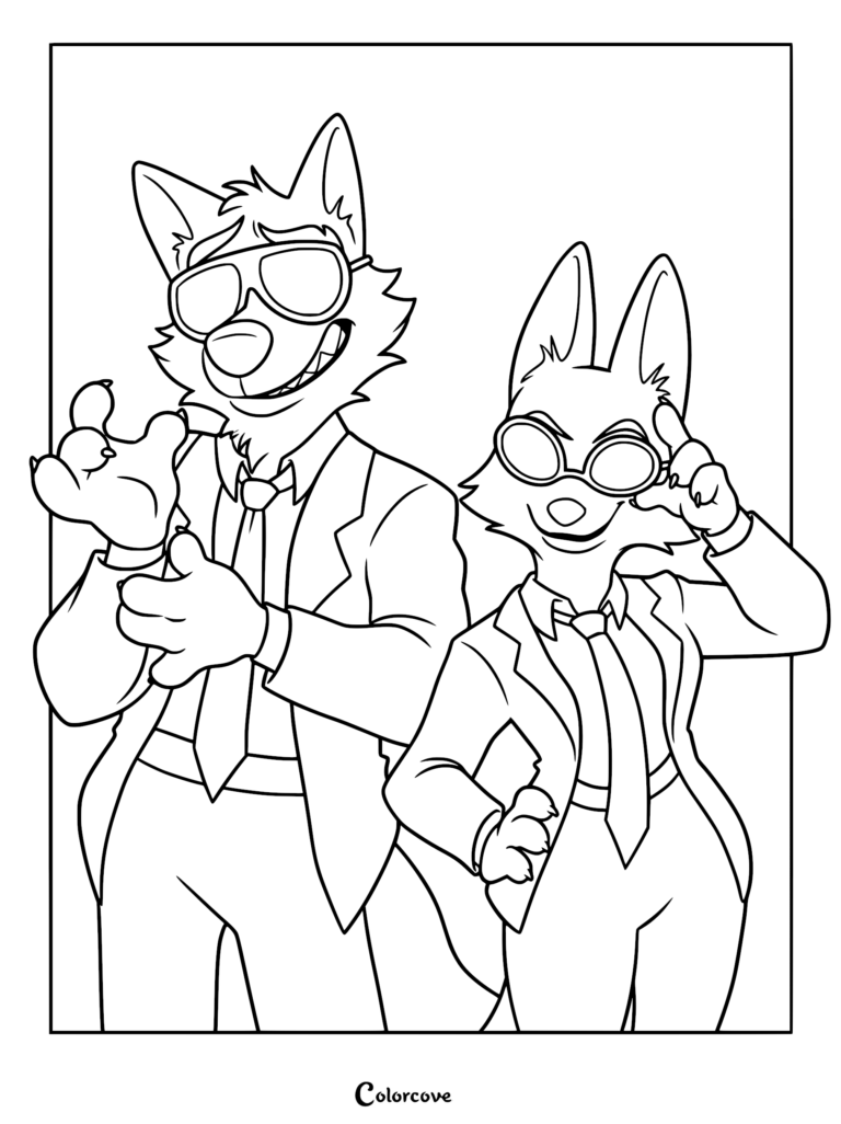 Sr. Lobo y Diane Foxington usando trajes y gafas de sol en una ilustración de arte lineal estilo página para colorear.